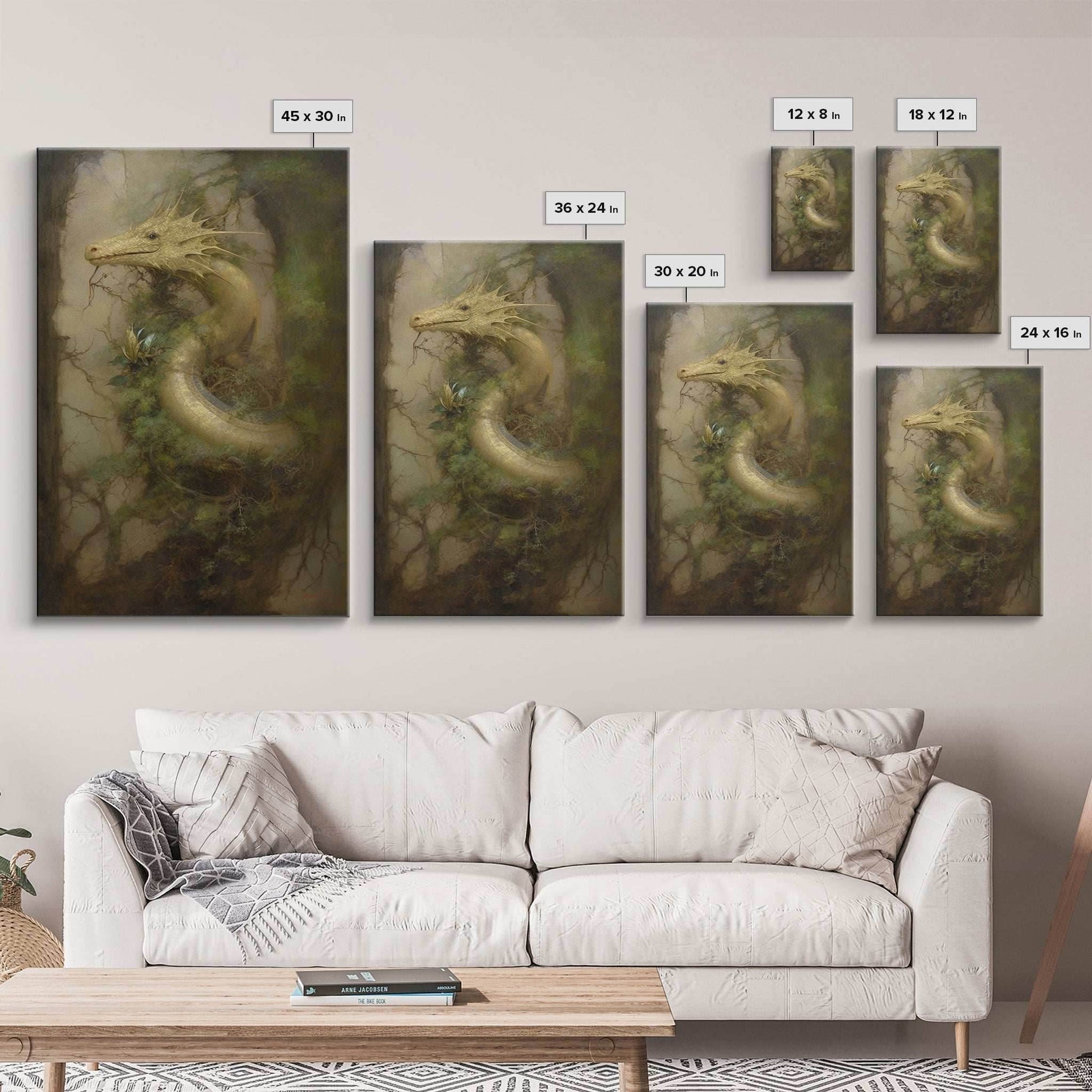Majestic Green Dragon Wall Art, Framed Canvas Print, Dragon Fantasy Painting, Garden Dragon Abstract Fantasy Art - 8x12 Inches / Gallery Wrap Canvas - Ready To Hang