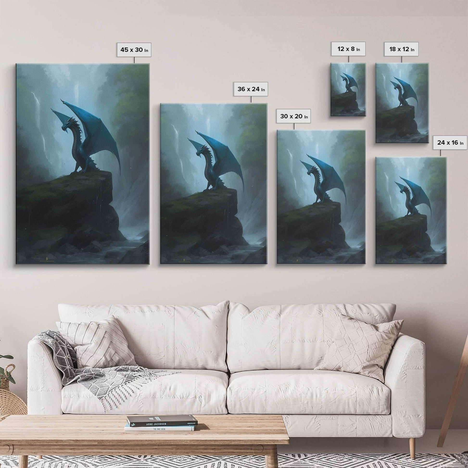 Majestic Forest Dragon Wall Art, Framed Canvas Print, Dragon Fantasy Painting, Forest Dragon Behind Secret Waterfalls Abstract Fantasy Art - 8x12 Inches / Gallery Wrap Canvas - Ready To Hang