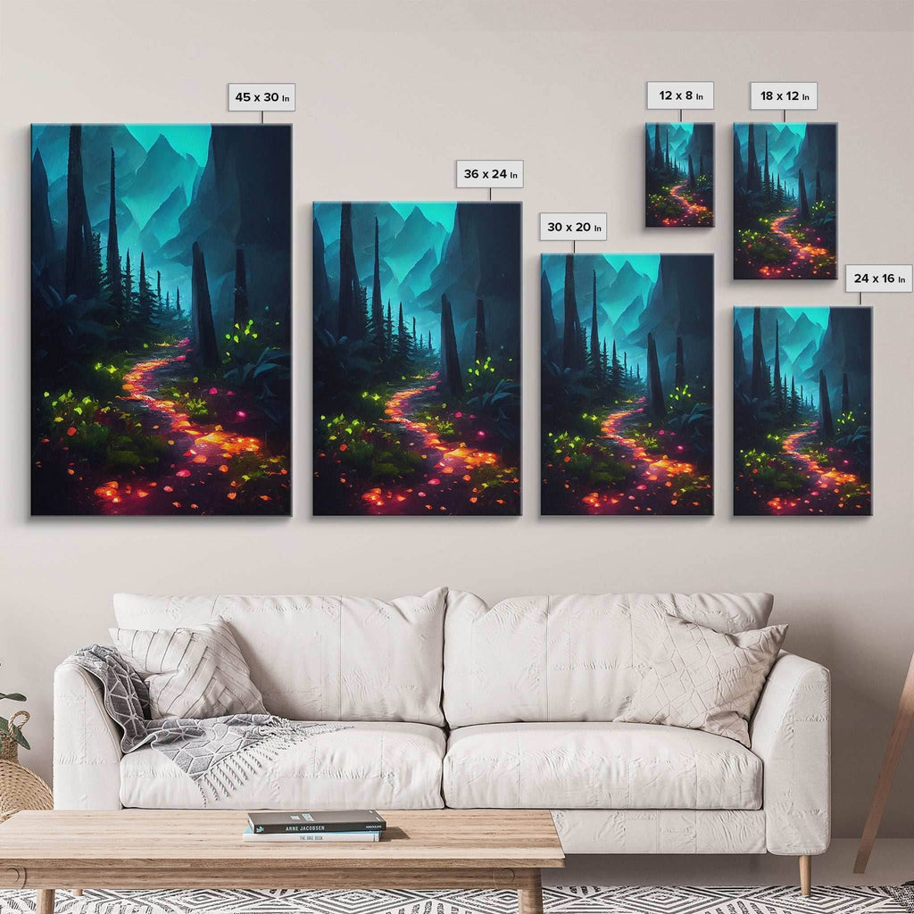 Luminescent magical forest poster art, fine art print, glowing trail though the trees, fantasy art, gloomy wall art, dark decor - 8x12 Inches / Gallery Wrap Canvas - Ready To Hang