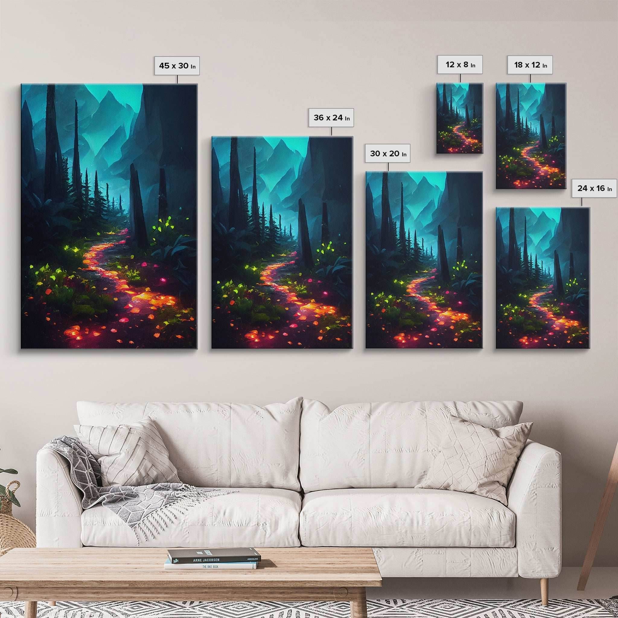 Luminescent magical forest poster art, fine art print, glowing trail though the trees, fantasy art, gloomy wall art, dark decor - 8x12 Inches / Gallery Wrap Canvas - Ready To Hang
