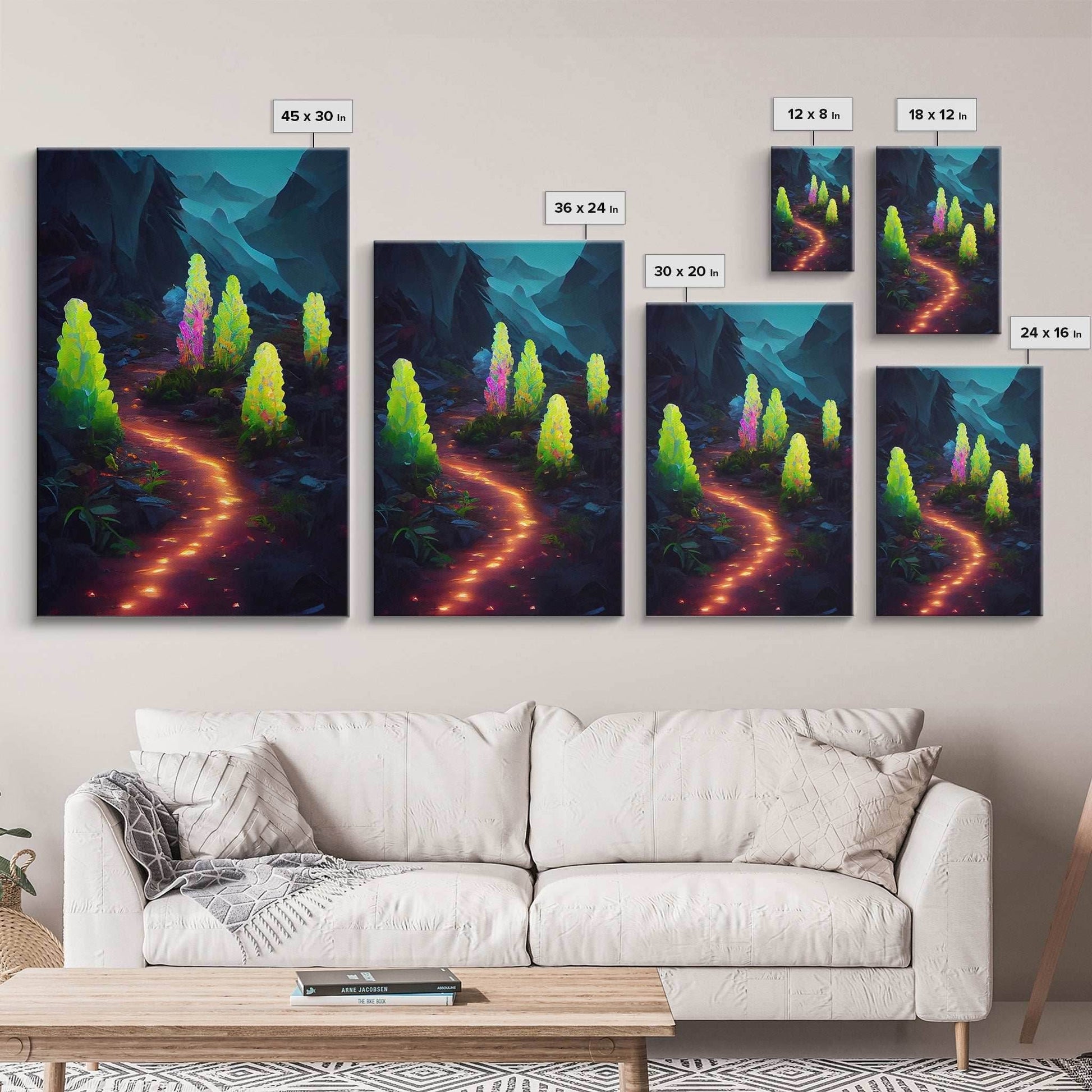 Magical forest canvas print, glowing mushroom art, fantasy forest wall art, gloomy dark home decor, luminescent forest trail wall art - 8x12 Inches / Gallery Wrap Canvas - Ready To Hang