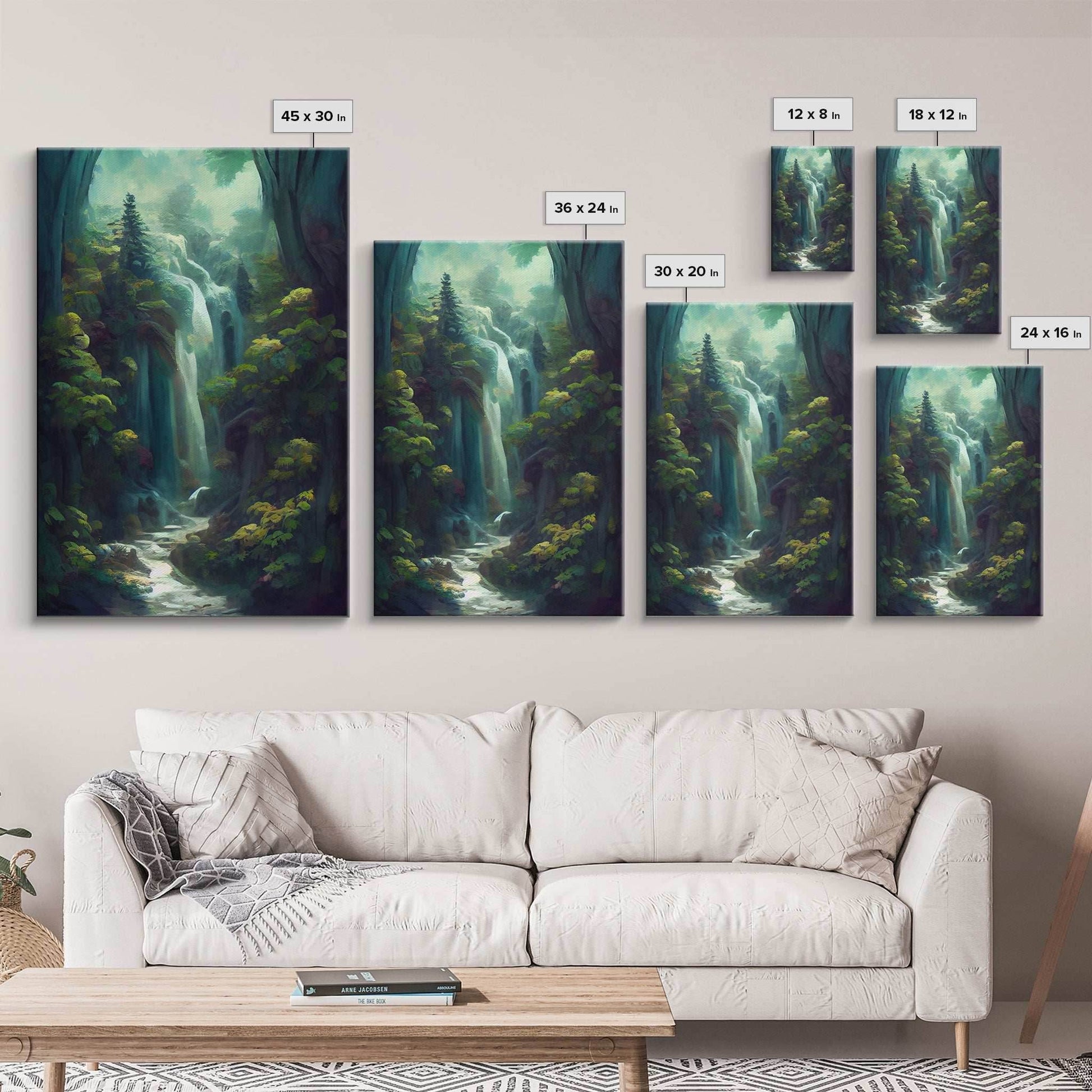 Waterfall canvas print, fantasy wall art, watercolor print, high fantasy, nature landscape living room wall art - 8x12 Inches / Gallery Wrap Canvas - Ready To Hang