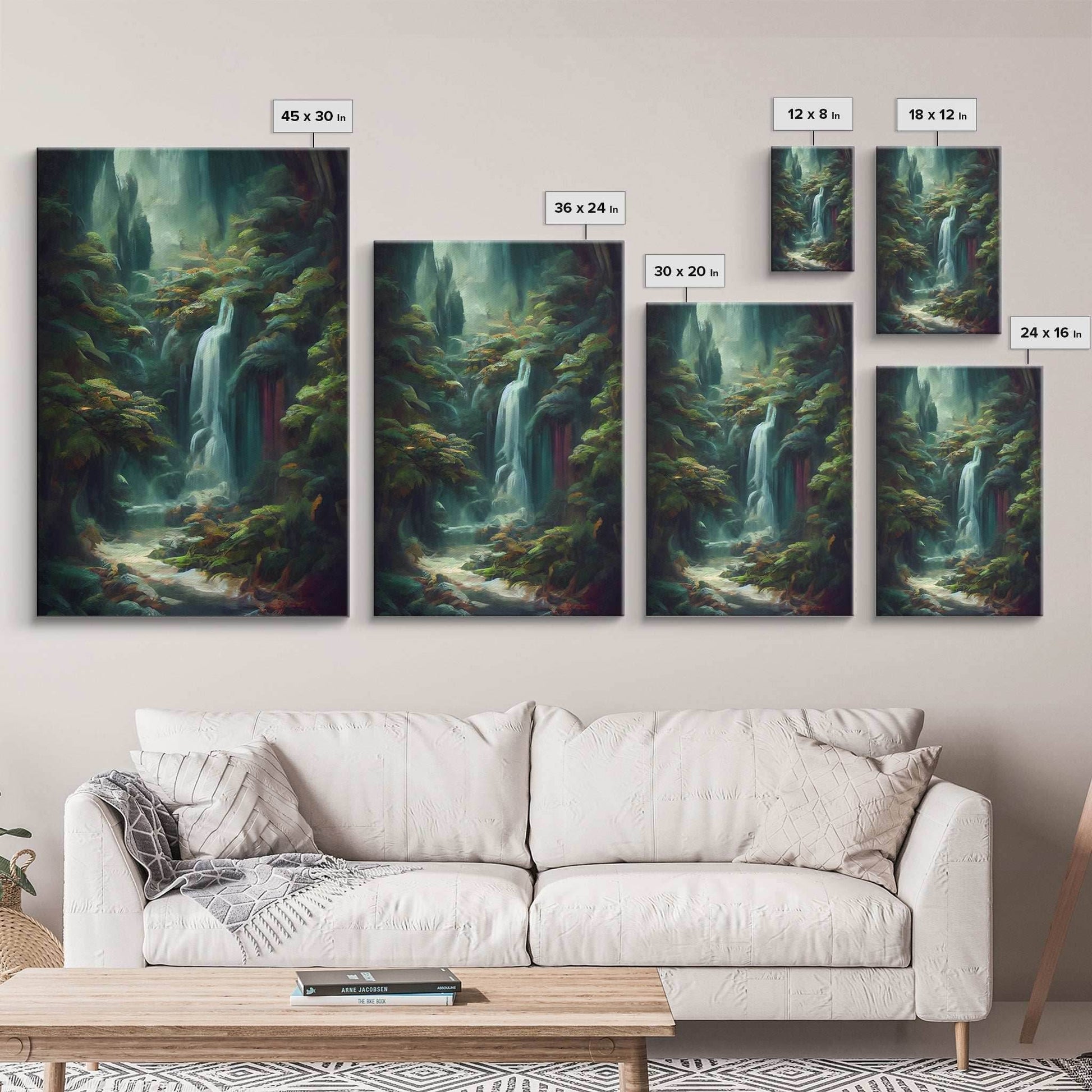 Waterfall in the forest canvas print, fantasy wall art, watercolor print, high fantasy, nature landscape living room wall art - 8x12 Inches / Gallery Wrap Canvas - Ready To Hang
