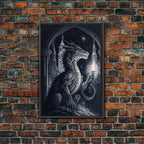 Black and white fantasy dragon, framed canvas print - 8x12 Inches / Black Frame