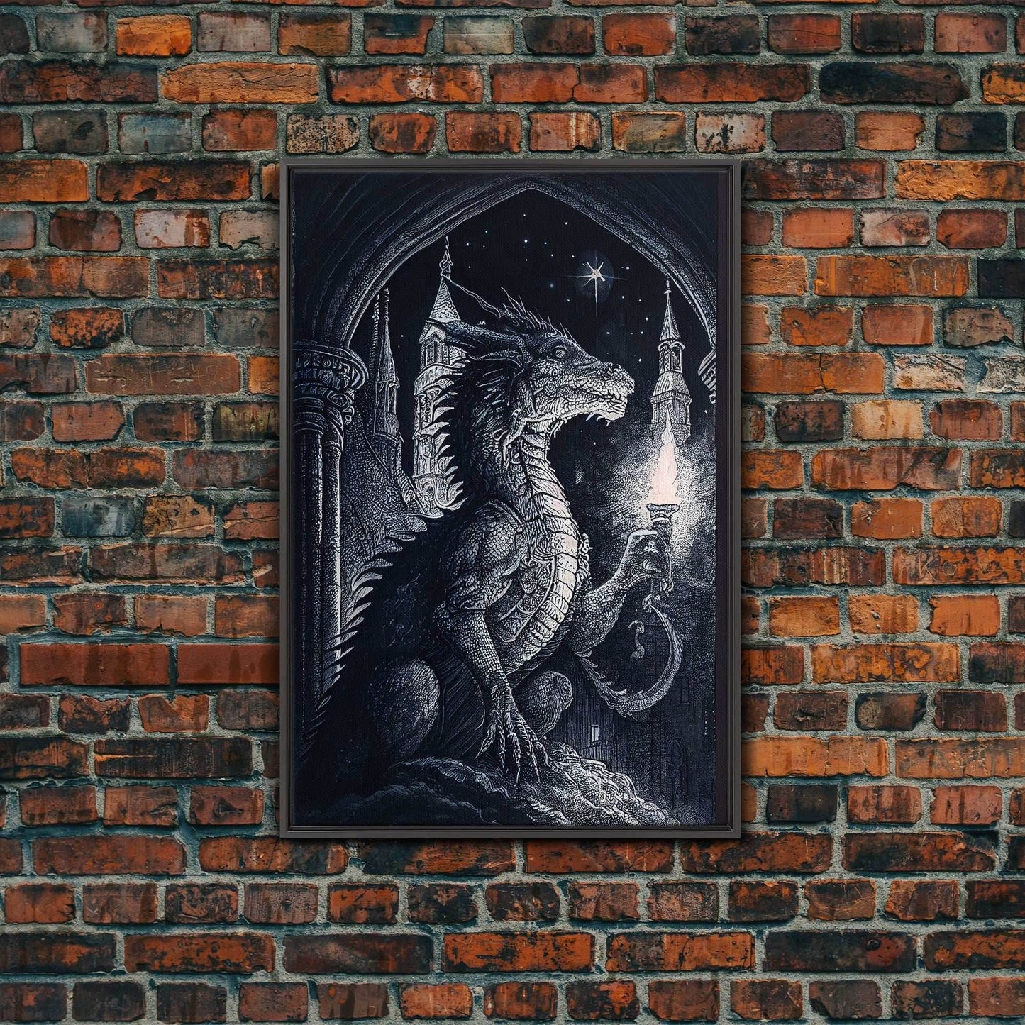 Black and white fantasy dragon, framed canvas print - 8x12 Inches / Black Frame