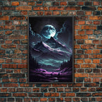 Mythical mountains fantasy art, framed canvas print, full moon over a mystical mountain landscape - 8x12 Inches / Black Frame