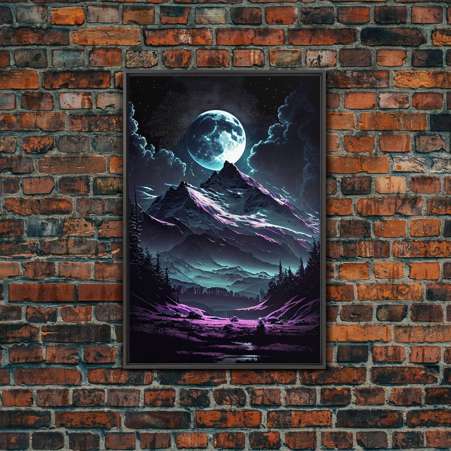 Mythical mountains fantasy art, framed canvas print, full moon over a mystical mountain landscape - 8x12 Inches / Black Frame