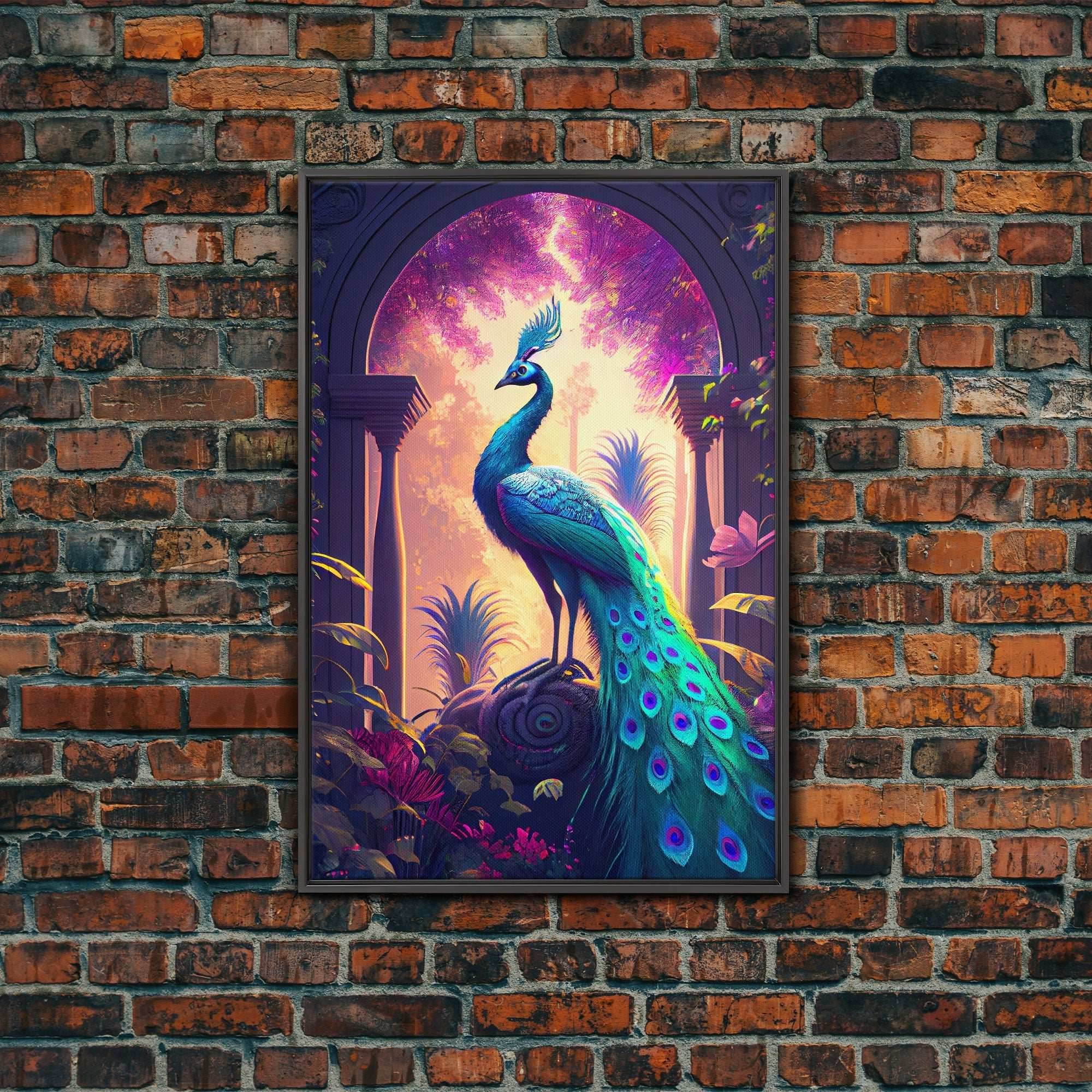 Turquoise peacock art, fantasy decor, framed canvas print - 8x12 Inches / Black Frame