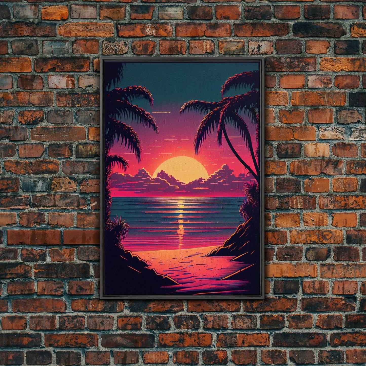 8 bit pixel art sunset, synthwave style palm tree beach, framed canvas print, framed wall art painting - 8x12 Inches / Black Frame