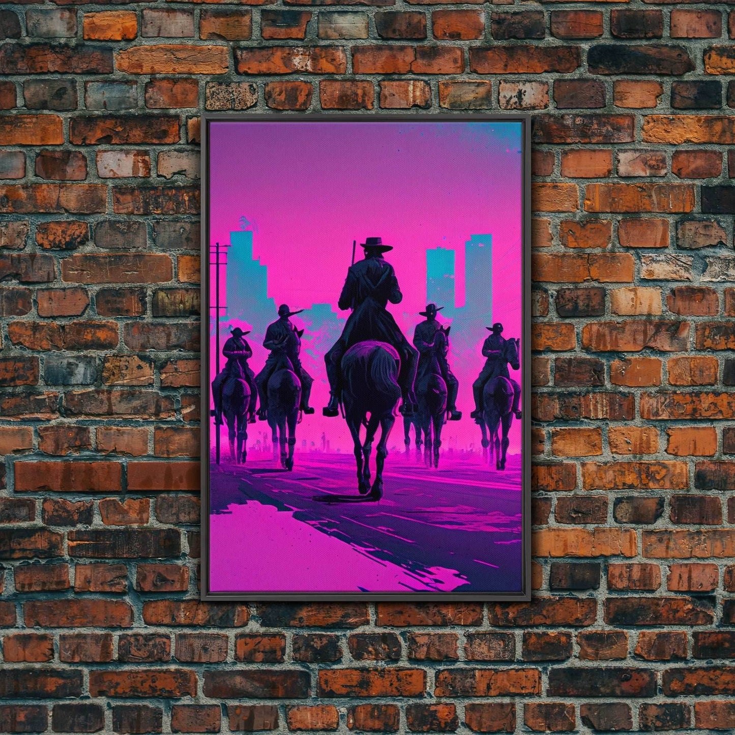 Post-Apocalyptic Cowboys, Vaporwave Aesthetic fantasy art, framed canvas print - 8x12 Inches / Black Frame