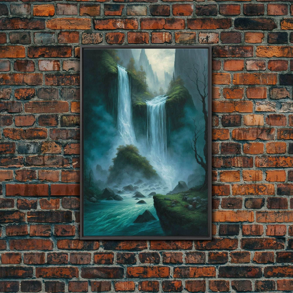 Fantasy Waterfall Oil Painting Canvas Print, Framed Canvas Art, Living Room Wall Decoration - 8x12 Inches / Black Frame