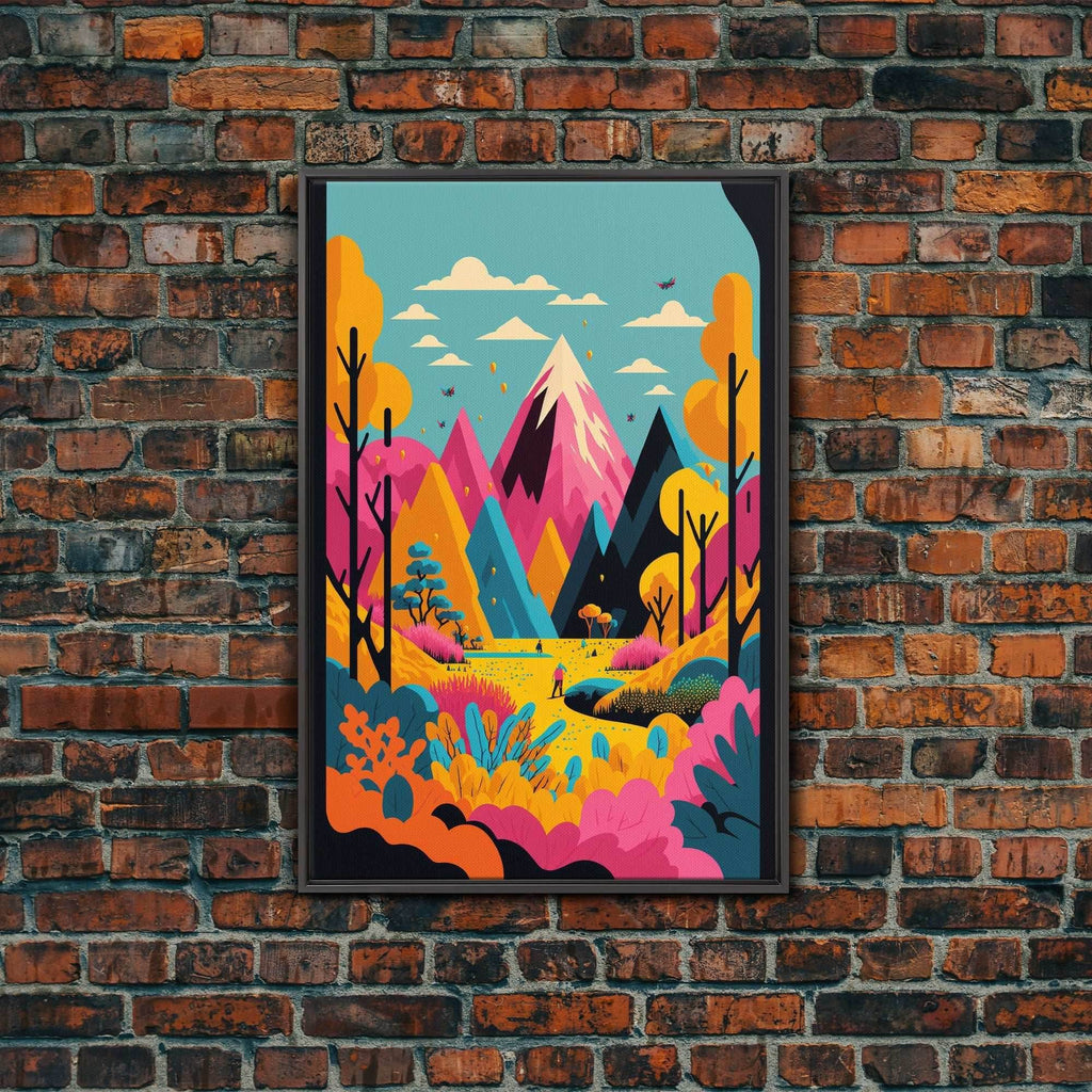 Trendy Pop Art, Surreal / Abstract Mountain Landscape, Fantasy Decor, Framed Canvas Print - 8x12 Inches / Black Frame