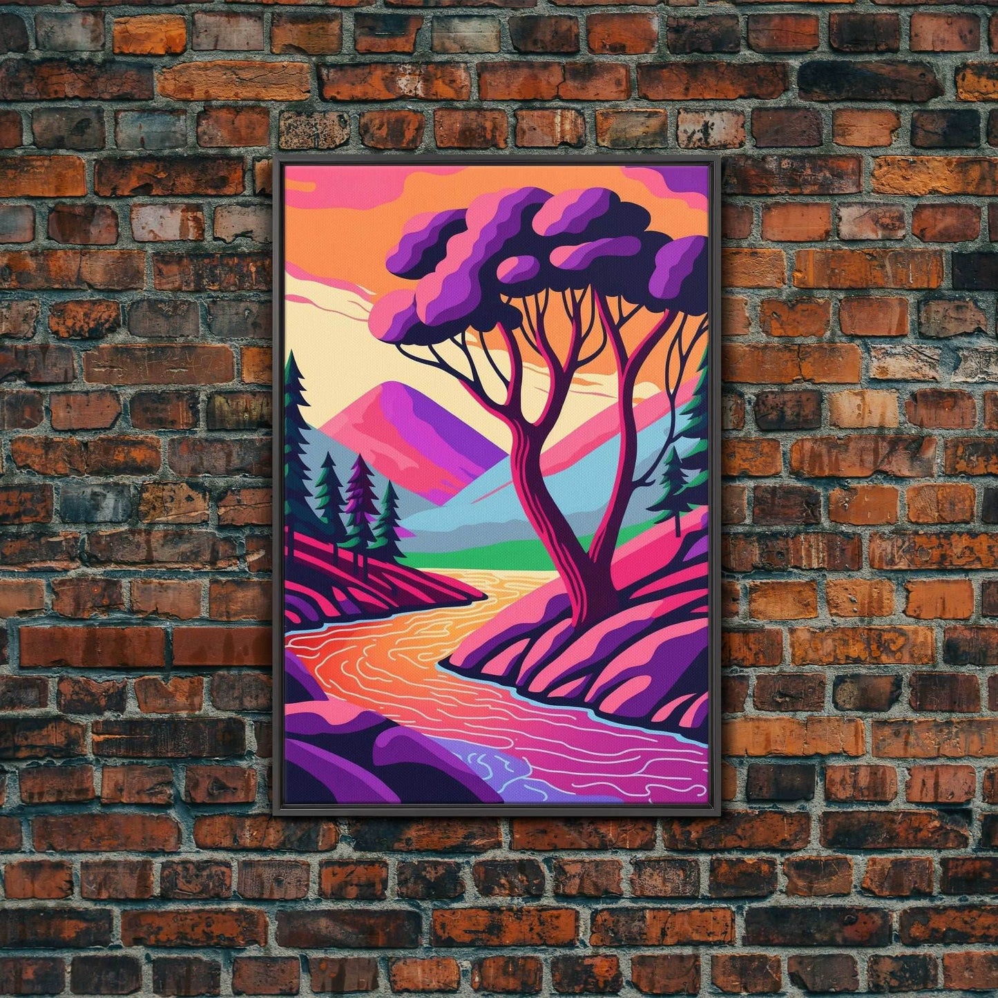 Surrealist Pop Art, Pink Fantasy Landscape Art, Framed Canvas Print - 8x12 Inches / Black Frame