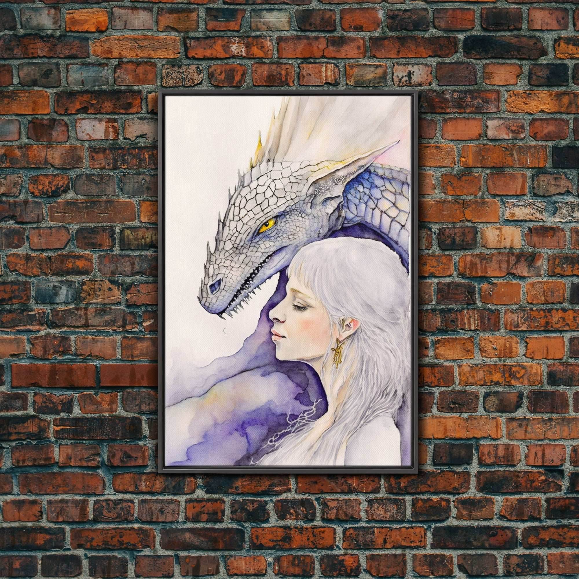 Dragon Painting Canvas Print, Dragon Art, Fantasy Art, Fantasy Painting Wall Art, Girl and Her Dragon, Dragon Girl - 8x12 Inches / Black Frame