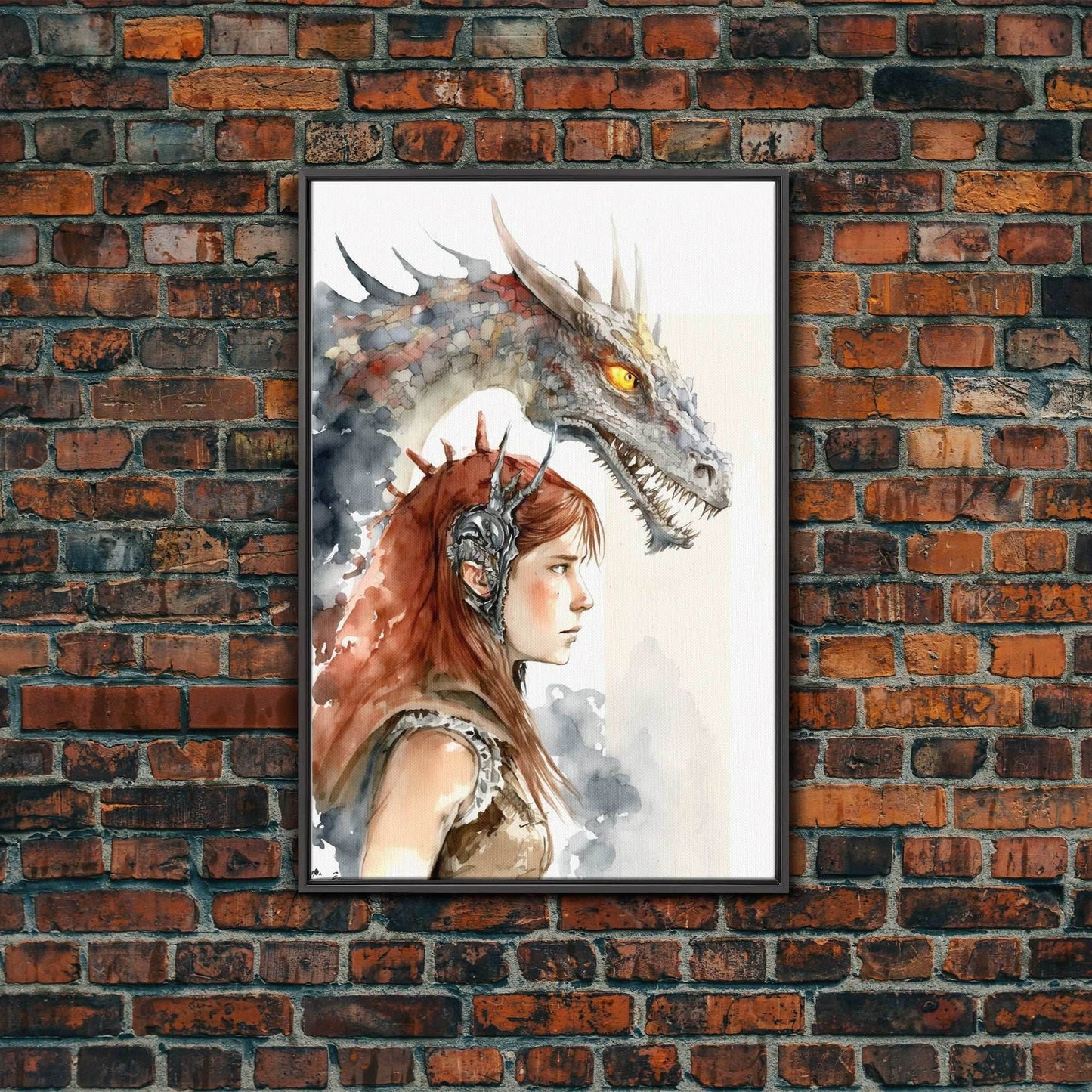 The Dragon Girl, Dragon Painting Canvas Print, Dragon Art, Fantasy Art, Fantasy Painting Wall Art, Girl and Her Dragon, Gamer Gift Wall Deco - 8x12 Inches / Black Frame
