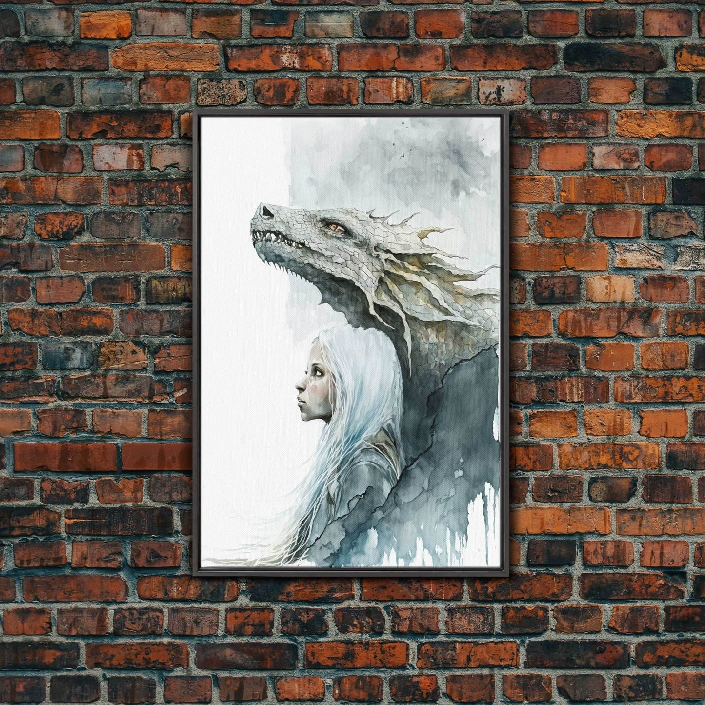 The Girl and Her Dragon, Wall Art, Fantasy Art, Art Print, Framed Canvas Art, Canvas Print, Gamer Decor, Gamer Girl Gift - 8x12 Inches / Black Frame