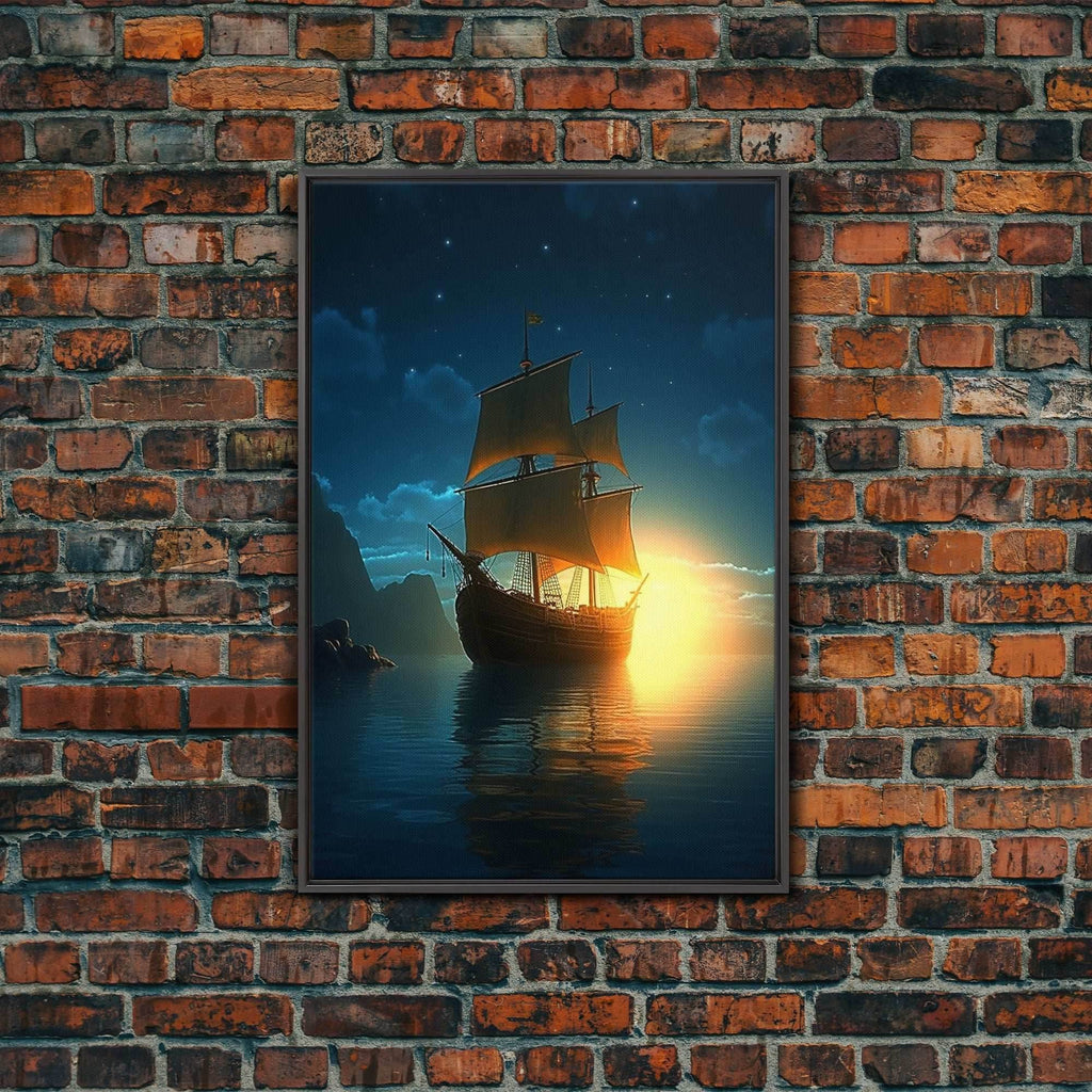 Gothic Pirate Ghost Ship, Framed Canvas Print, Fantasy Wall Art, Wall Decor, Pirate Wal Art, Gift For Him, Kid's Room Art - 8x12 Inches / Black Frame