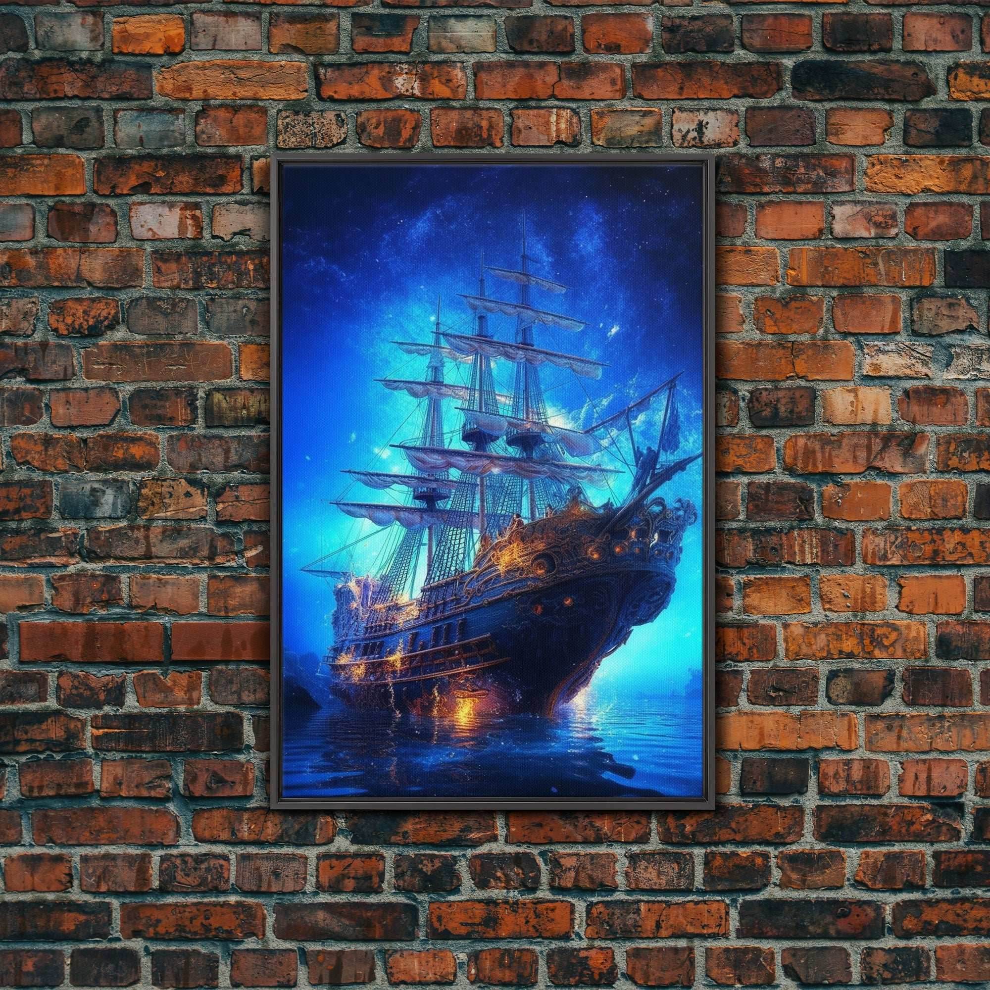 Haunted Pirate Ghost Ship Under The Night Sky, Framed Canvas Print, Fantasy Wall Art, Wall Decor, Pirate Wal Art, Gift For Him, Kid's Room - 8x12 Inches / Black Frame