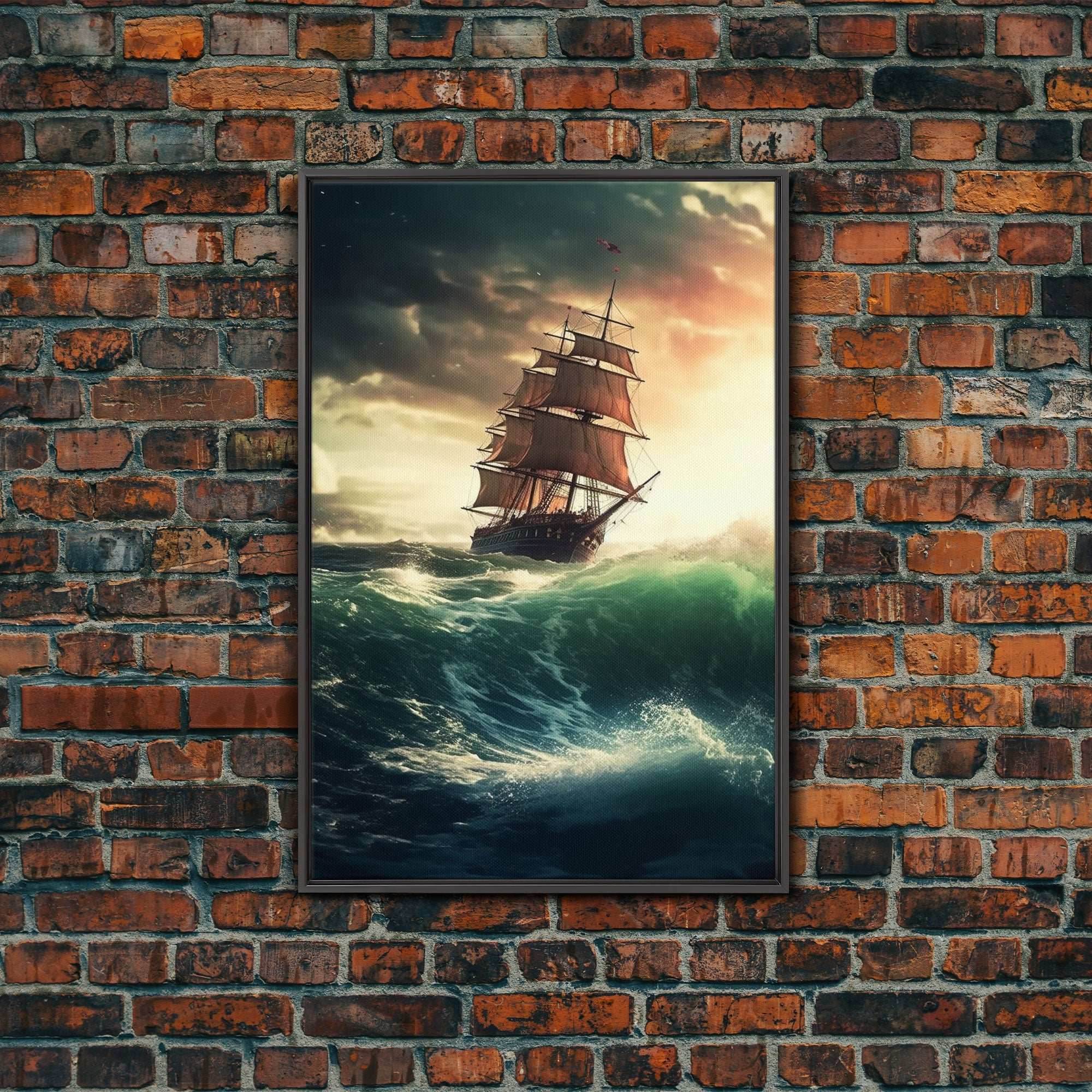 Haunted Pirate Ghost Ship On Rough Seas, Framed Canvas Print, Fantasy Wall Art, Wall Decor, Pirate Wal Art, Gift For Him, Kid's Room - 8x12 Inches / Black Frame
