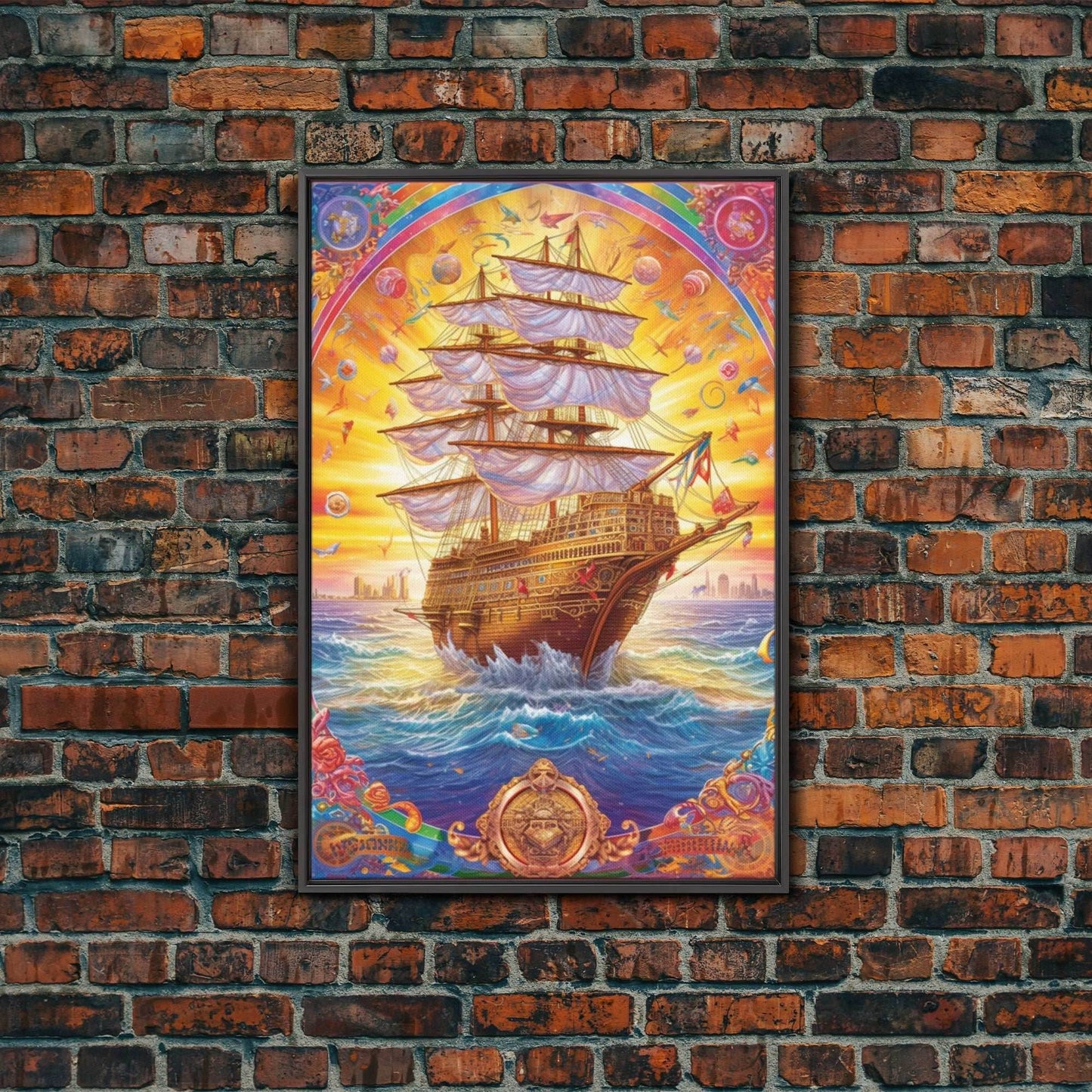 Filigree Pirate Ship Plaque Art, Framed Canvas Print, Fantasy Wall Art, Wall Decor, Pirate Wal Art, Gift For Him, Kid's Room - 8x12 Inches / Black Frame