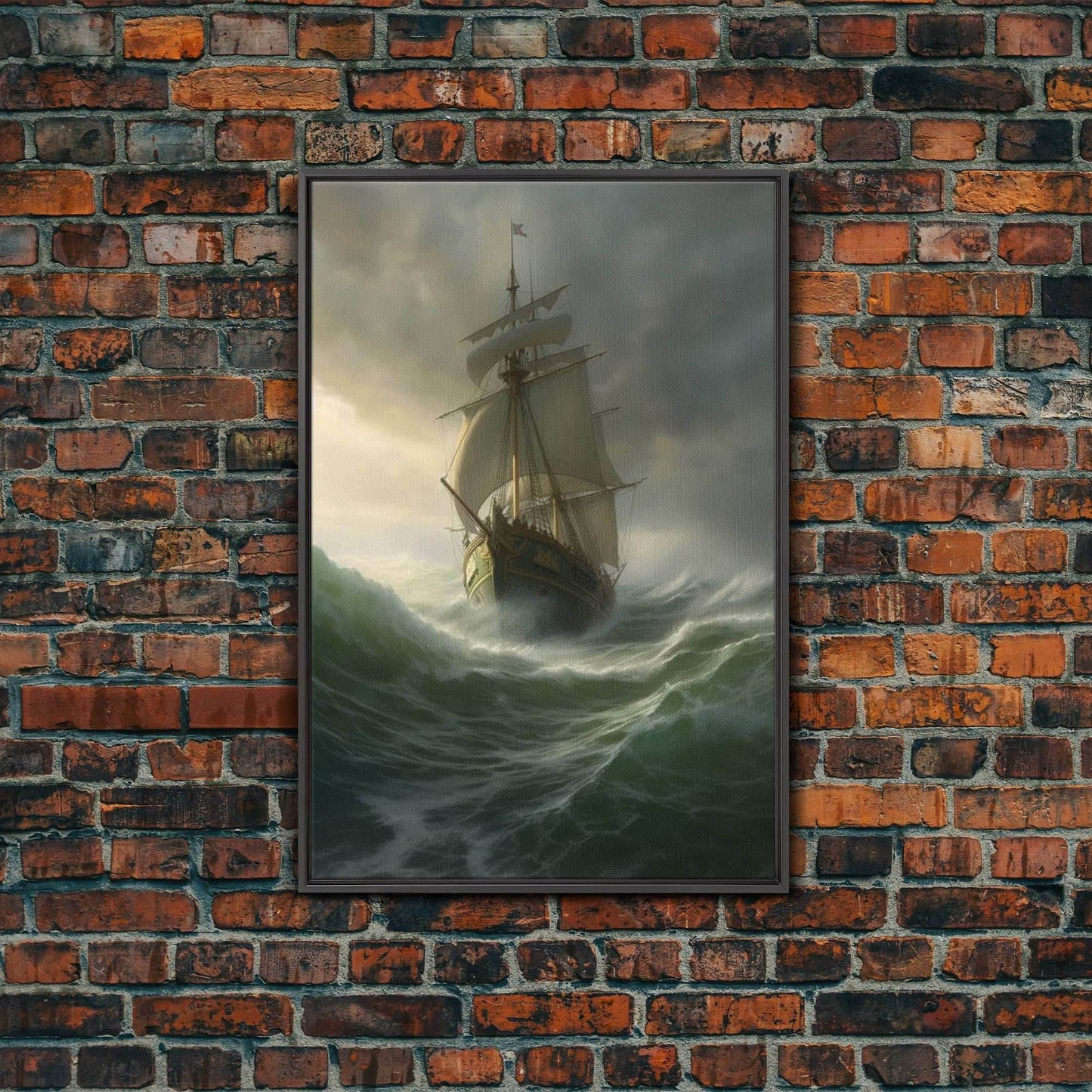 Haunted Pirate Ghost Ship On Rough Seas, Framed Canvas Print, Fantasy Wall Art, Wall Decor, Pirate Wal Art, Gift For Him, Kid's Room - 8x12 Inches / Black Frame