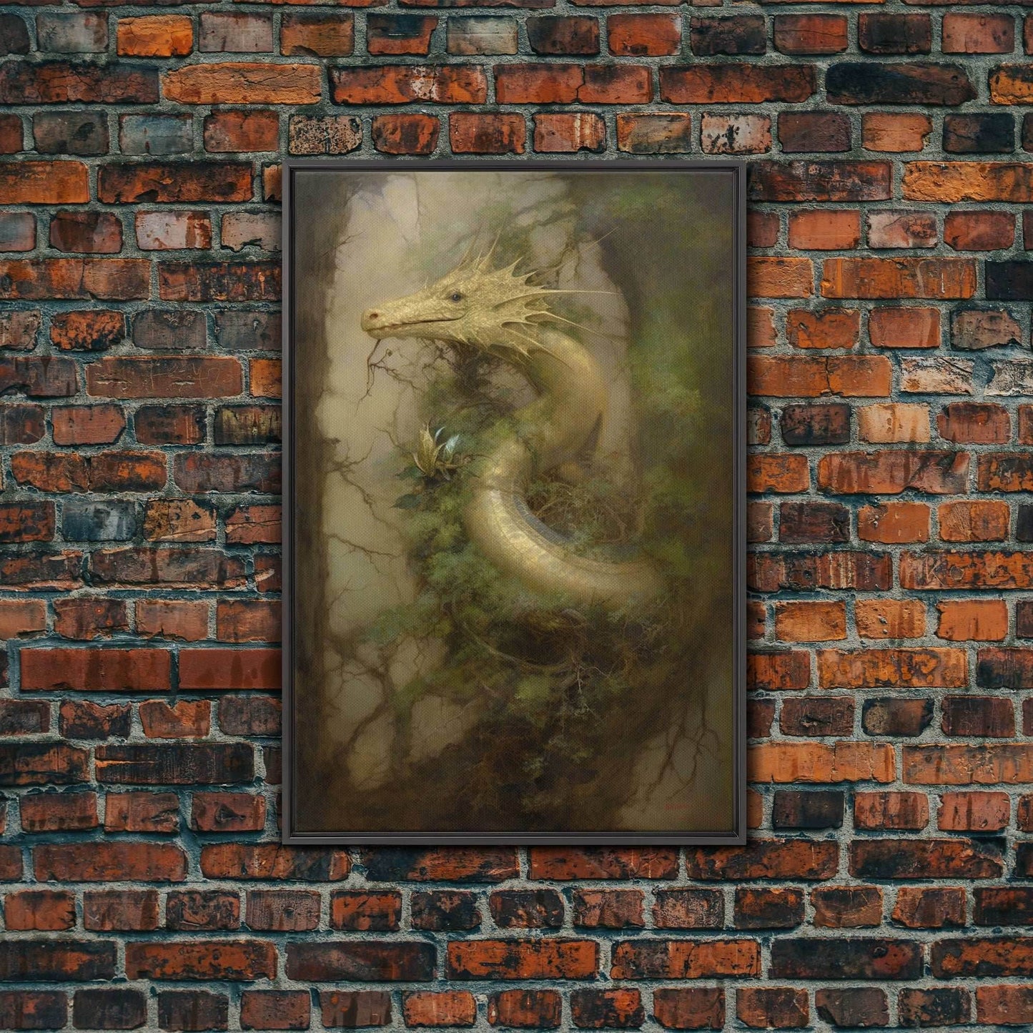 Majestic Green Dragon Wall Art, Framed Canvas Print, Dragon Fantasy Painting, Garden Dragon Abstract Fantasy Art - 8x12 Inches / Black Frame