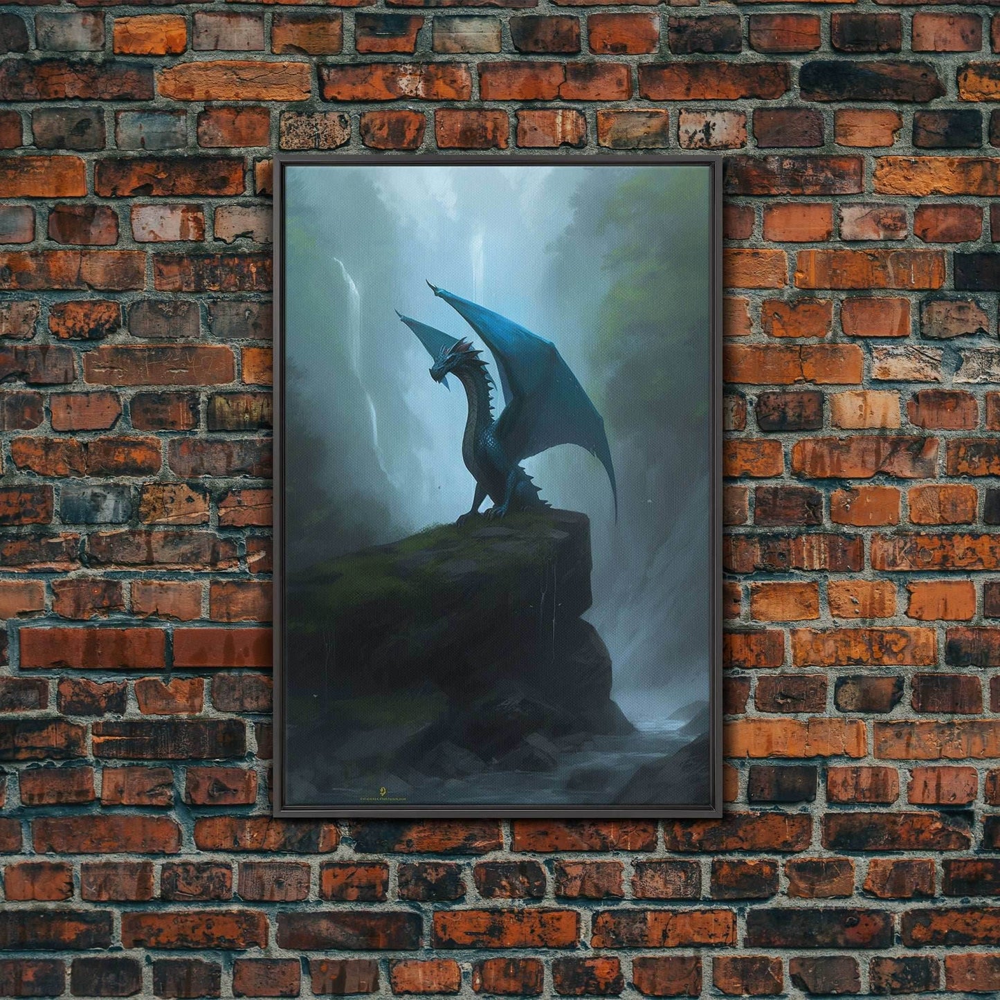 Majestic Forest Dragon Wall Art, Framed Canvas Print, Dragon Fantasy Painting, Forest Dragon Behind Secret Waterfalls Abstract Fantasy Art - 8x12 Inches / Black Frame