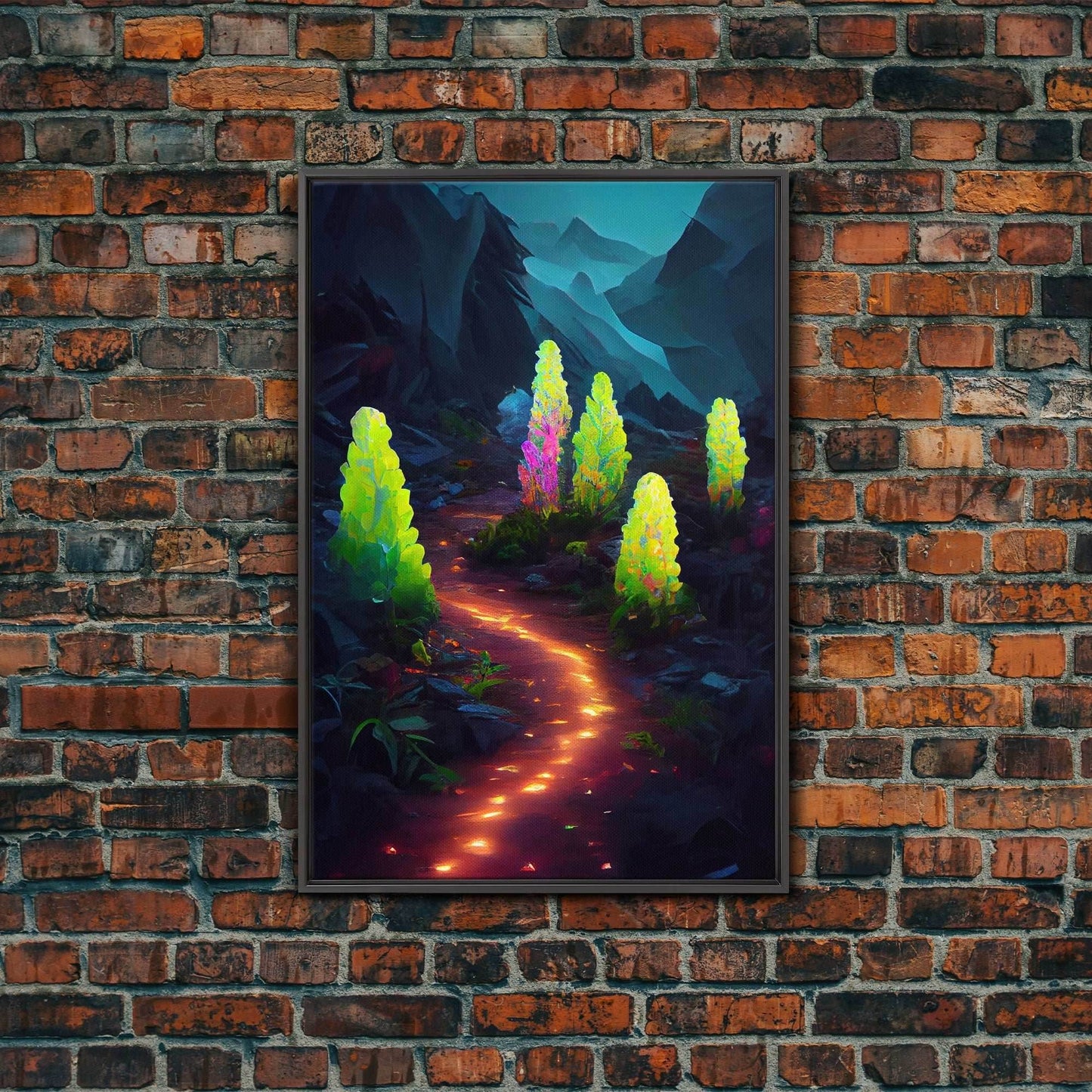 Magical forest canvas print, glowing mushroom art, fantasy forest wall art, gloomy dark home decor, luminescent forest trail wall art - 8x12 Inches / Black Frame