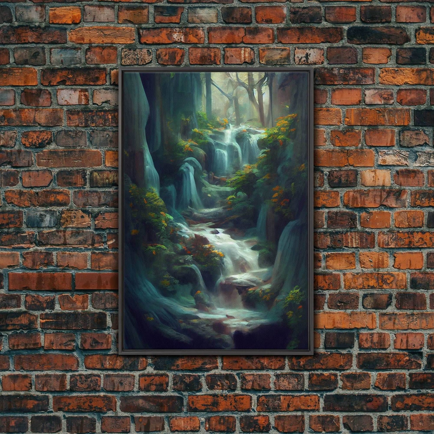 Waterfall painting canvas print, fantasy wall art, watercolor print, high fantasy, nature landscape wall art for living room - 8x12 Inches / Black Frame