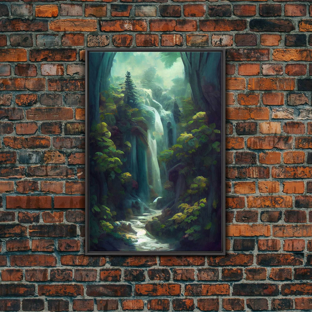 Waterfall canvas print, fantasy wall art, watercolor print, high fantasy, nature landscape living room wall art - 8x12 Inches / Black Frame