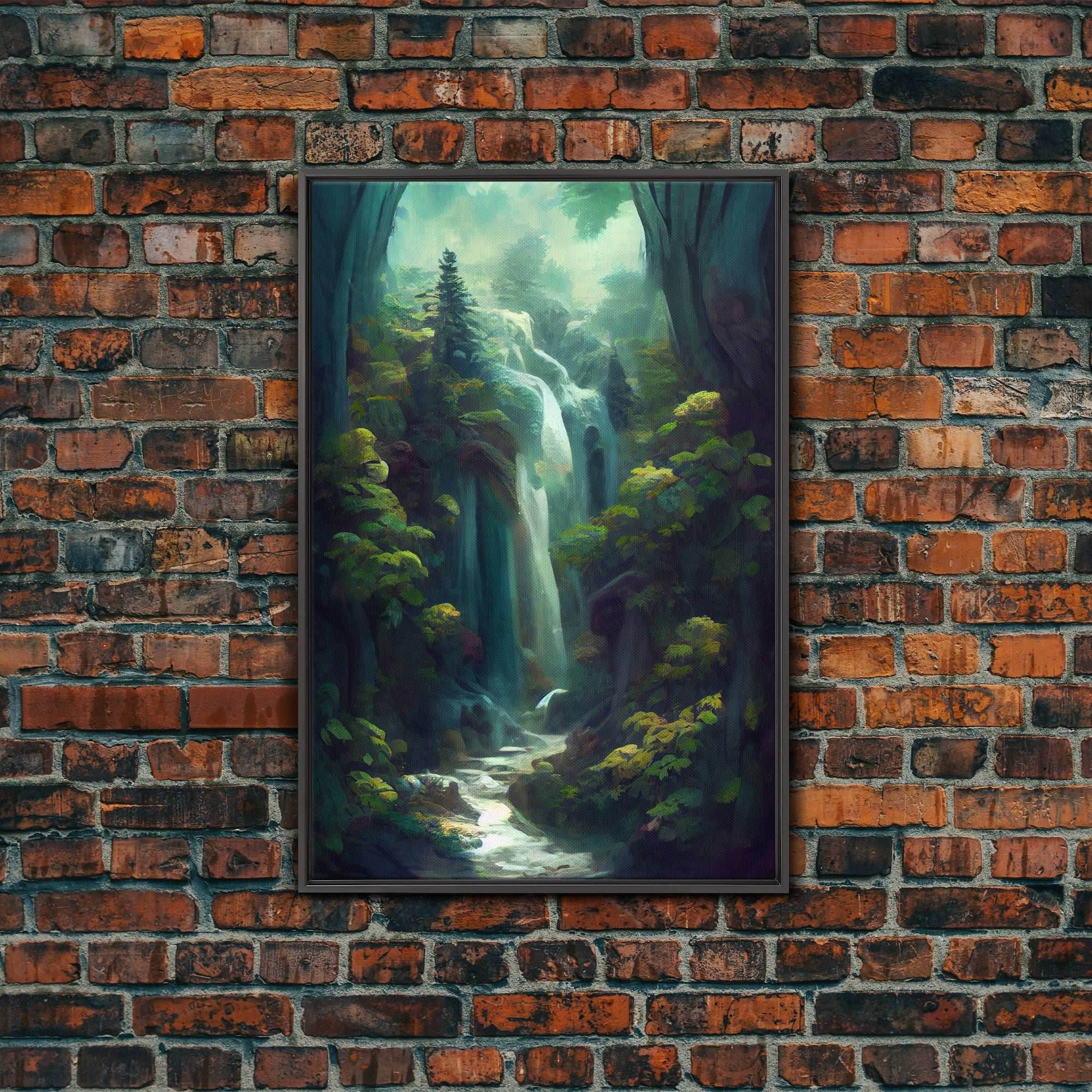 Waterfall canvas print, fantasy wall art, watercolor print, high fantasy, nature landscape living room wall art - 8x12 Inches / Black Frame