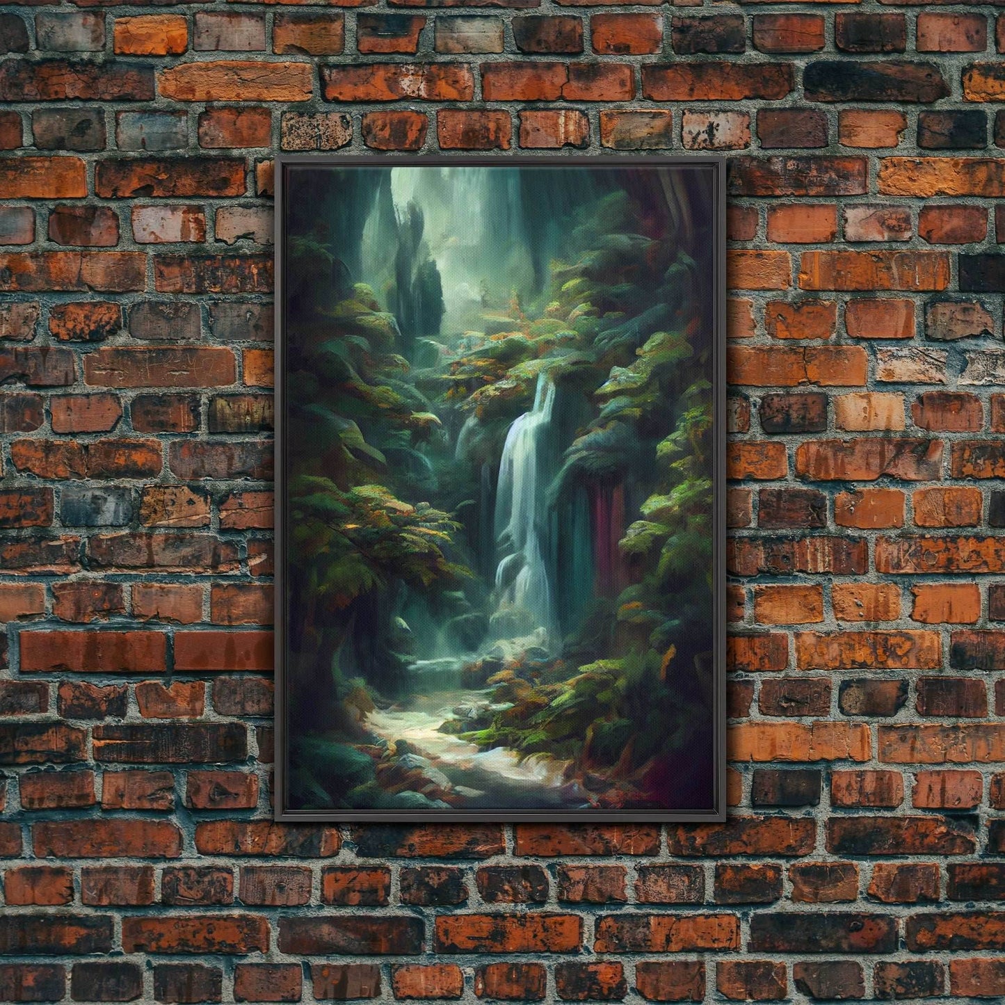 Waterfall in the forest canvas print, fantasy wall art, watercolor print, high fantasy, nature landscape living room wall art - 8x12 Inches / Black Frame