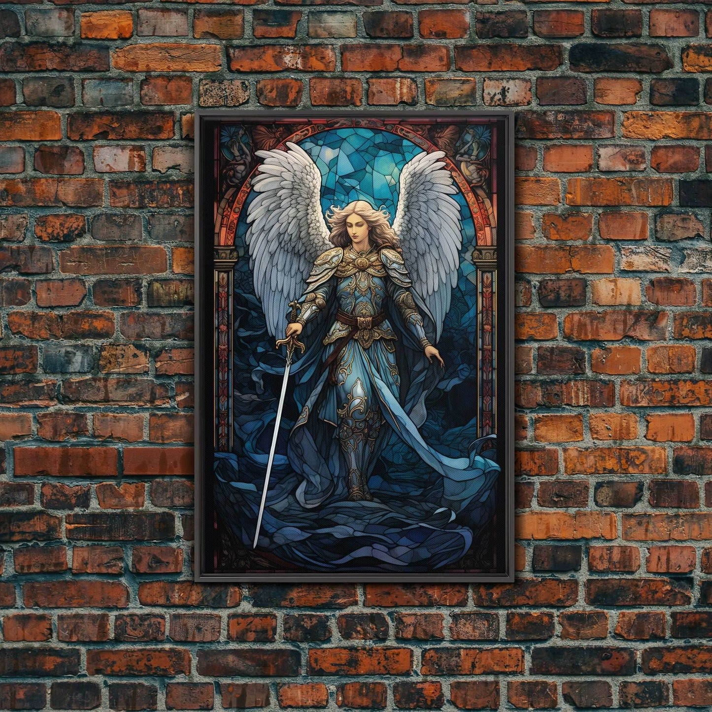 Angel, Angel Warrior, Fantasy Art, Canvas Print, Wall Hanging, Portrait Art, Stained Glass Art, Christian Wall Decor, Country Wall Art - 8x12 Inches / Black Frame