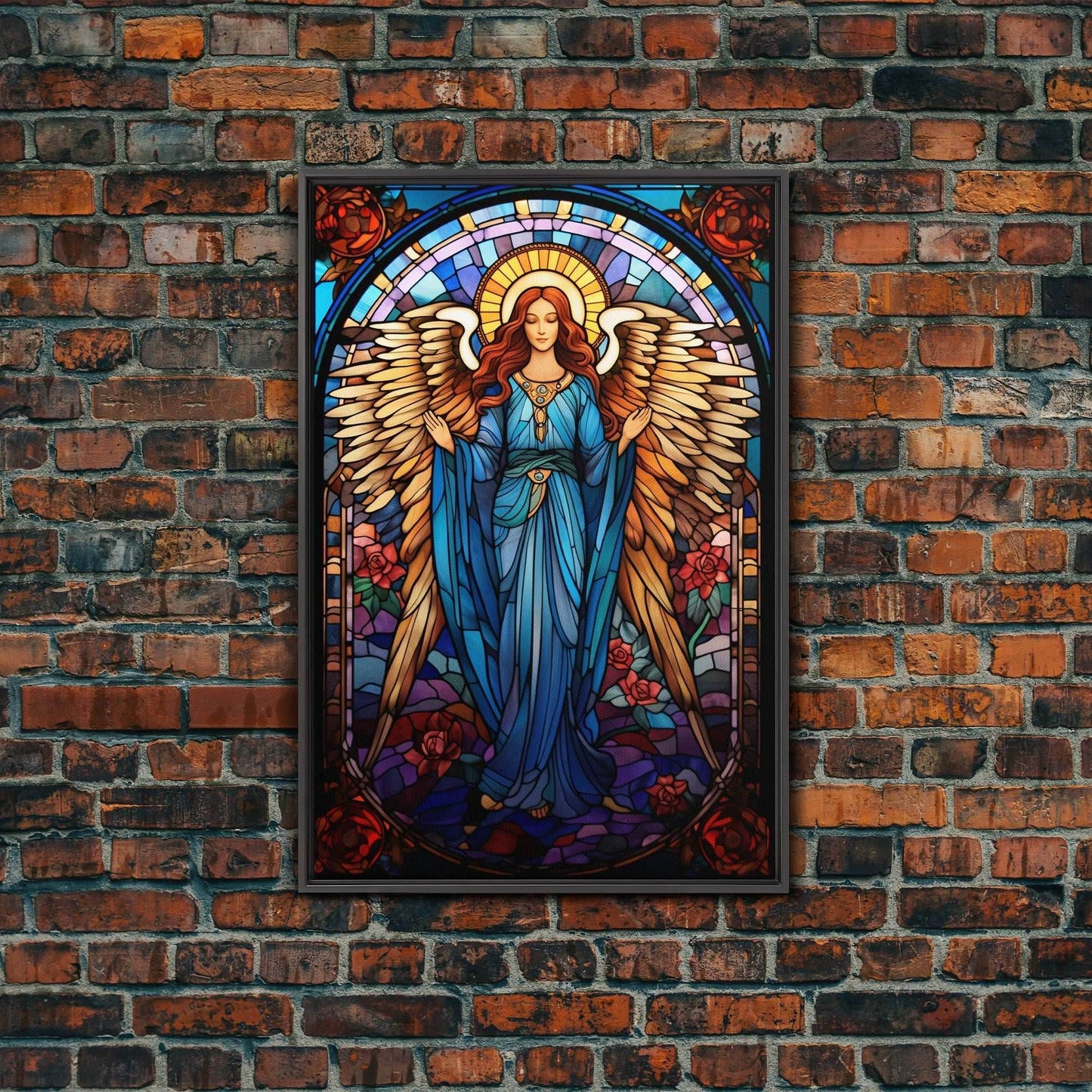 Angel, Fantasy Artwork Canvas Print, Wall Hanging, Portrait Art, Stained Glass Art, Mystical Wall Art, Tiny House Decor, Gift For Women - 8x12 Inches / Black Frame