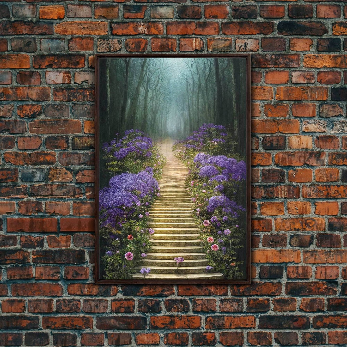 Lavender Lined Stairs Leading To The Haunted Forest, Fantasy Wall Art, framed canvas print, framed art - 8x12 Inches / Walnut Frame