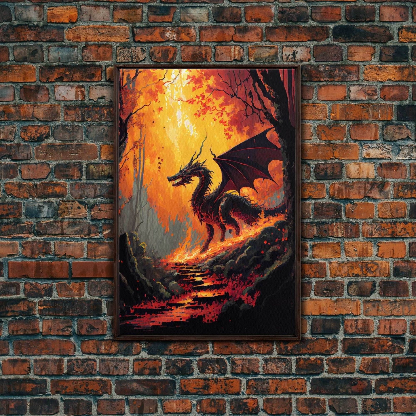 Fiery Dragon Burning Down Forest Canvas Print - Mystical Fantasy Wall Art Home Decor Artwork - 8x12 Inches / Walnut Frame