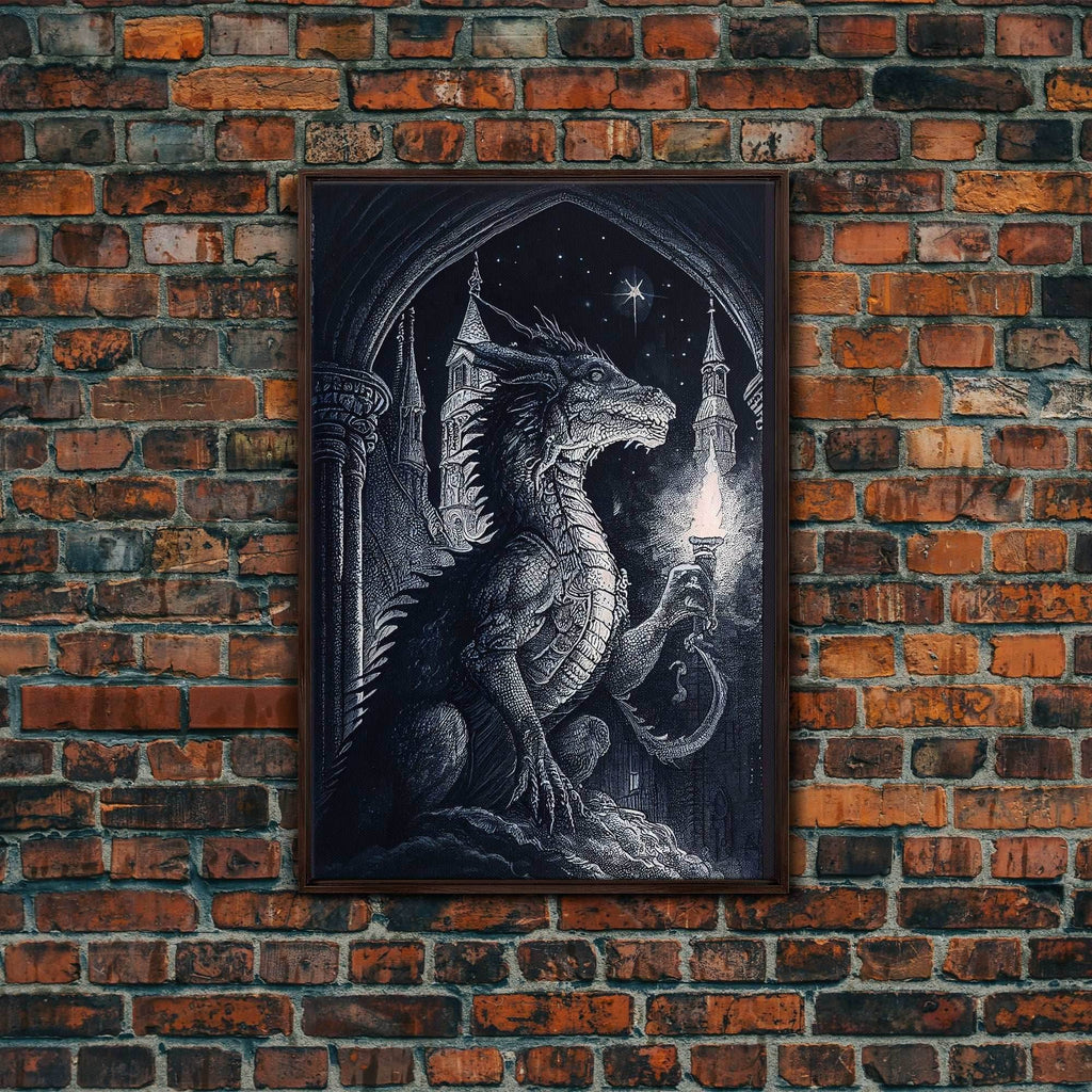 Black and white fantasy dragon, framed canvas print - 8x12 Inches / Walnut Frame