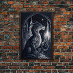 Black and white fantasy dragon, framed canvas print - 8x12 Inches / Walnut Frame