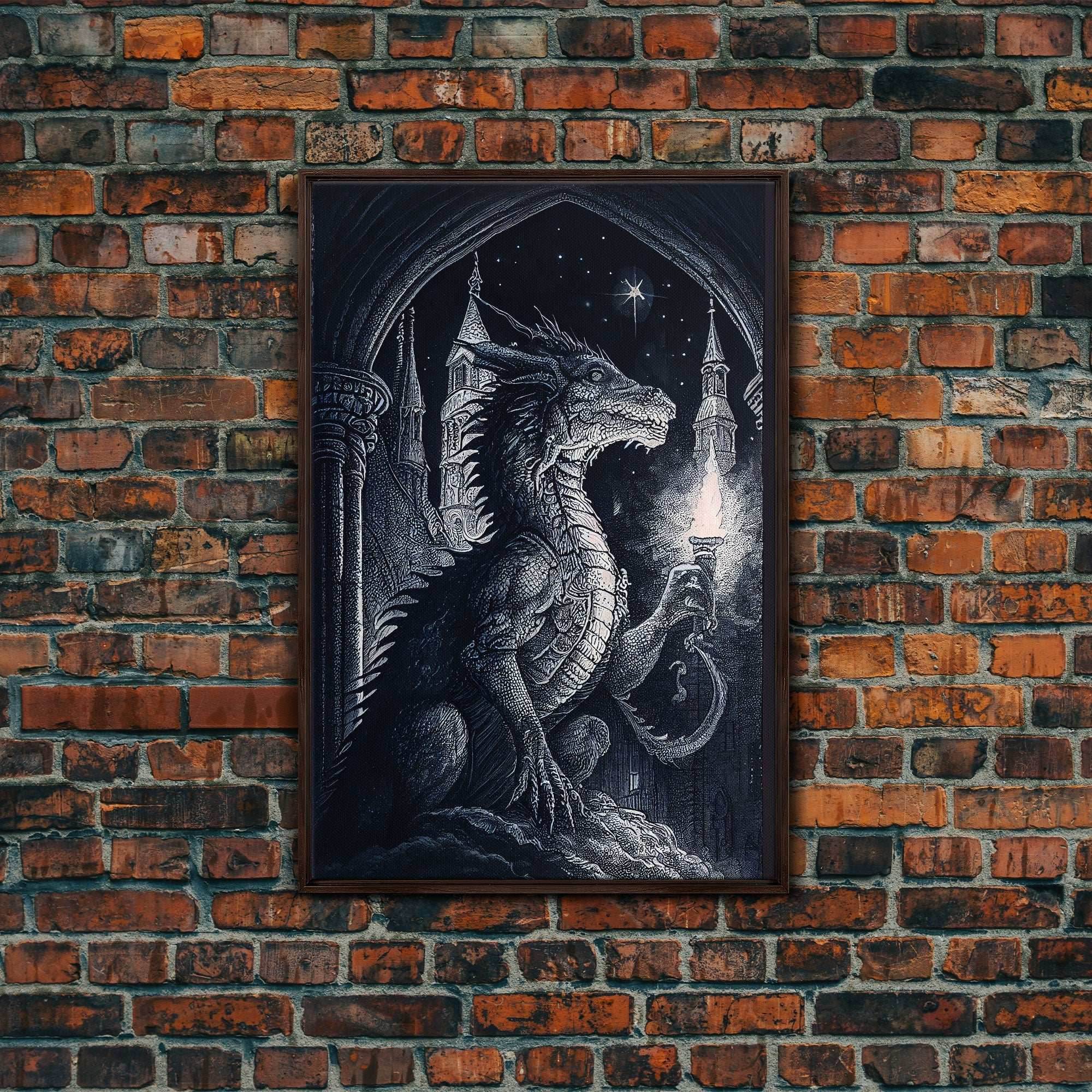 Black and white fantasy dragon, framed canvas print - 8x12 Inches / Walnut Frame
