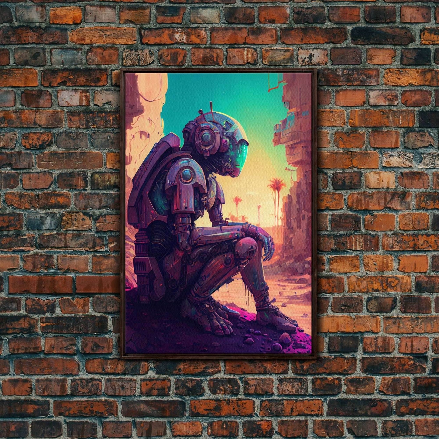 Android deep in thought, AI, fine art poster print - 8x12 Inches / Walnut Frame