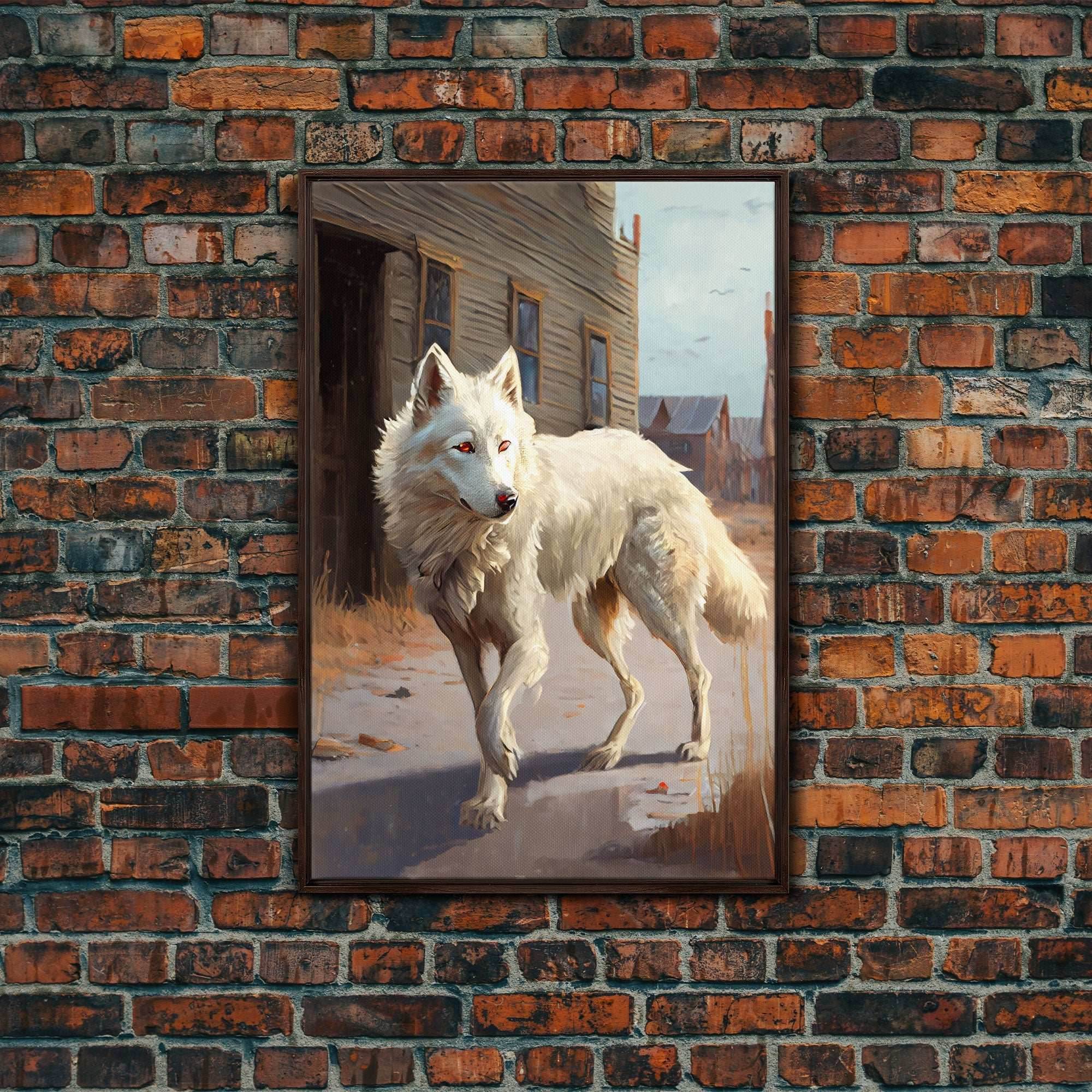 Wildwest Dire Wolf, fantasy art, framed canvas print - 8x12 Inches / Walnut Frame
