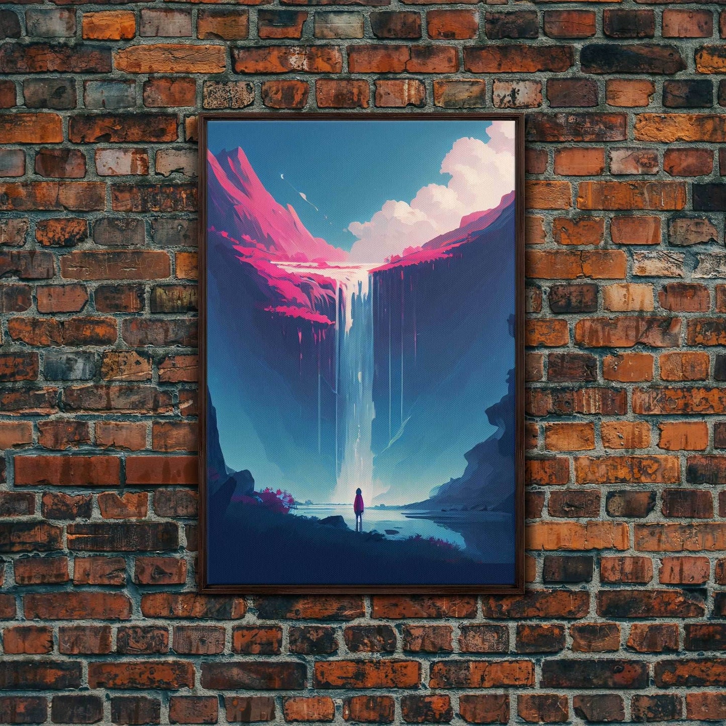 Mystical Fantasy Waterfall Purple Blue Wall Art Canvas Print - Vibrant Colorful Nature Scene Artwork - 8x12 Inches / Walnut Frame