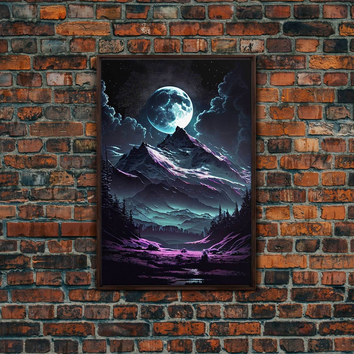 Mythical mountains fantasy art, framed canvas print, full moon over a mystical mountain landscape - 8x12 Inches / Walnut Frame