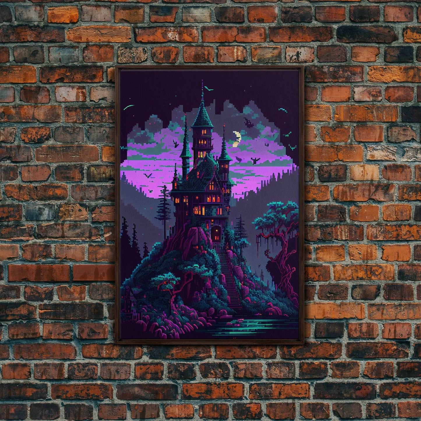 Transylvania Art, Cool Medieval castle 8 bit pixel art, fantasy art, framed canvas print, Cool castle art - 8x12 Inches / Walnut Frame