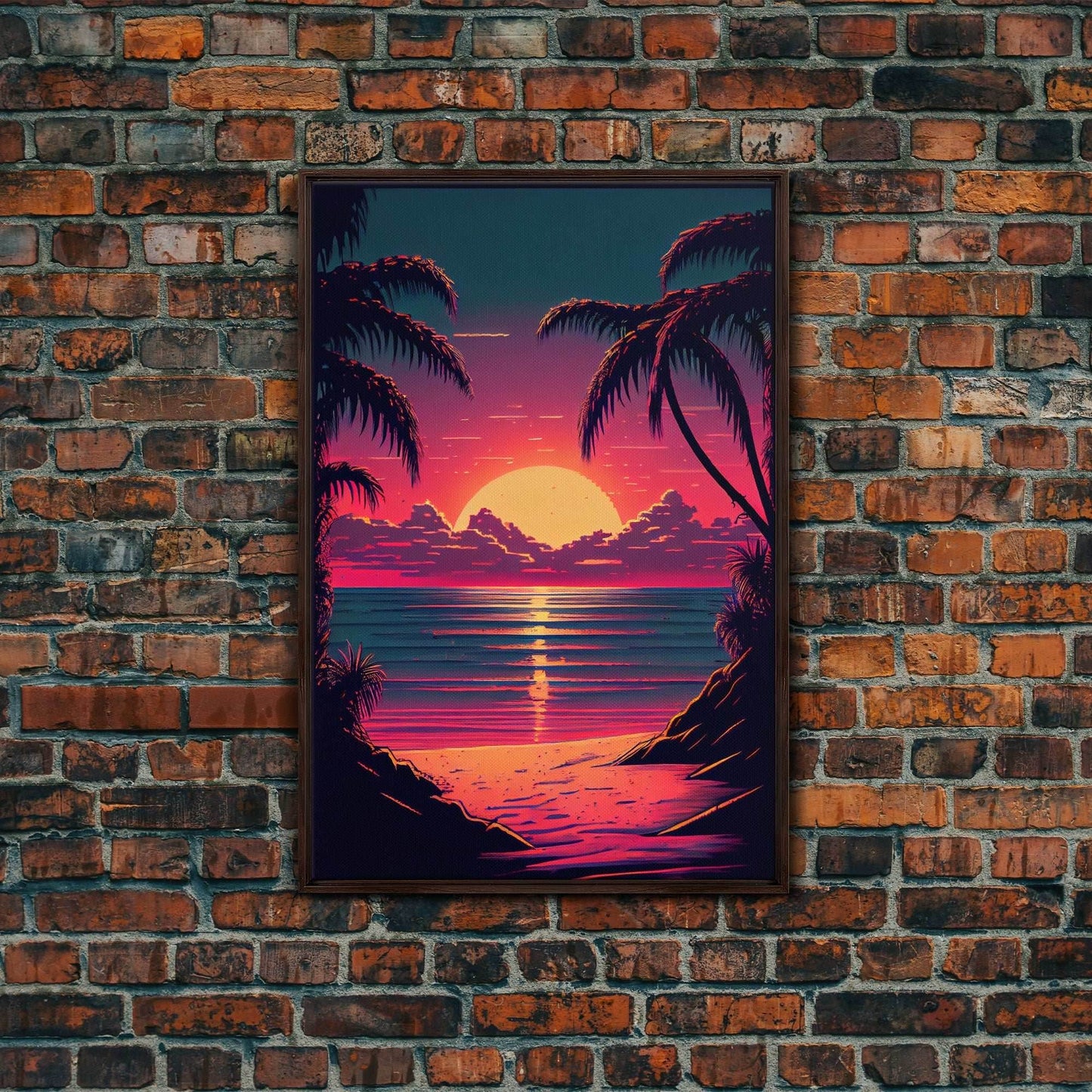 8 bit pixel art sunset, synthwave style palm tree beach, framed canvas print, framed wall art painting - 8x12 Inches / Walnut Frame