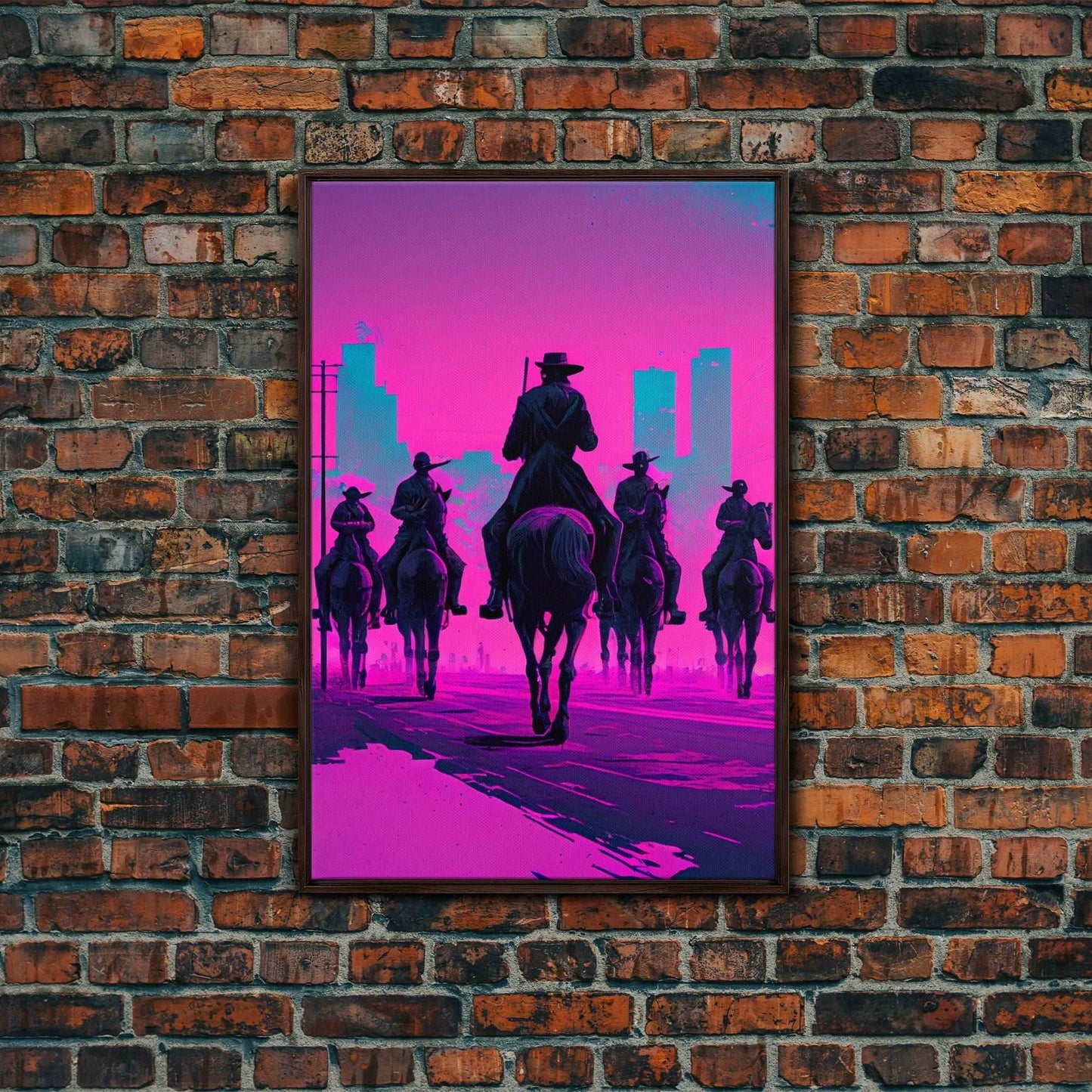 Post-Apocalyptic Cowboys, Vaporwave Aesthetic fantasy art, framed canvas print - 8x12 Inches / Walnut Frame