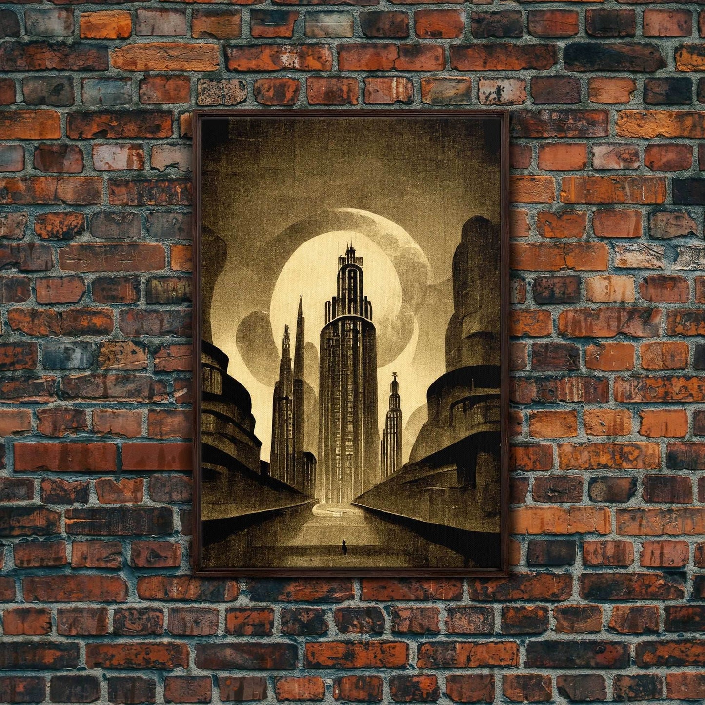 Dystopian Metropolis Art Deco Canvas Print, City Skyline, Fantasy Art, Art Deco Living Room Art, ready to hang wall art - 8x12 Inches / Walnut Frame