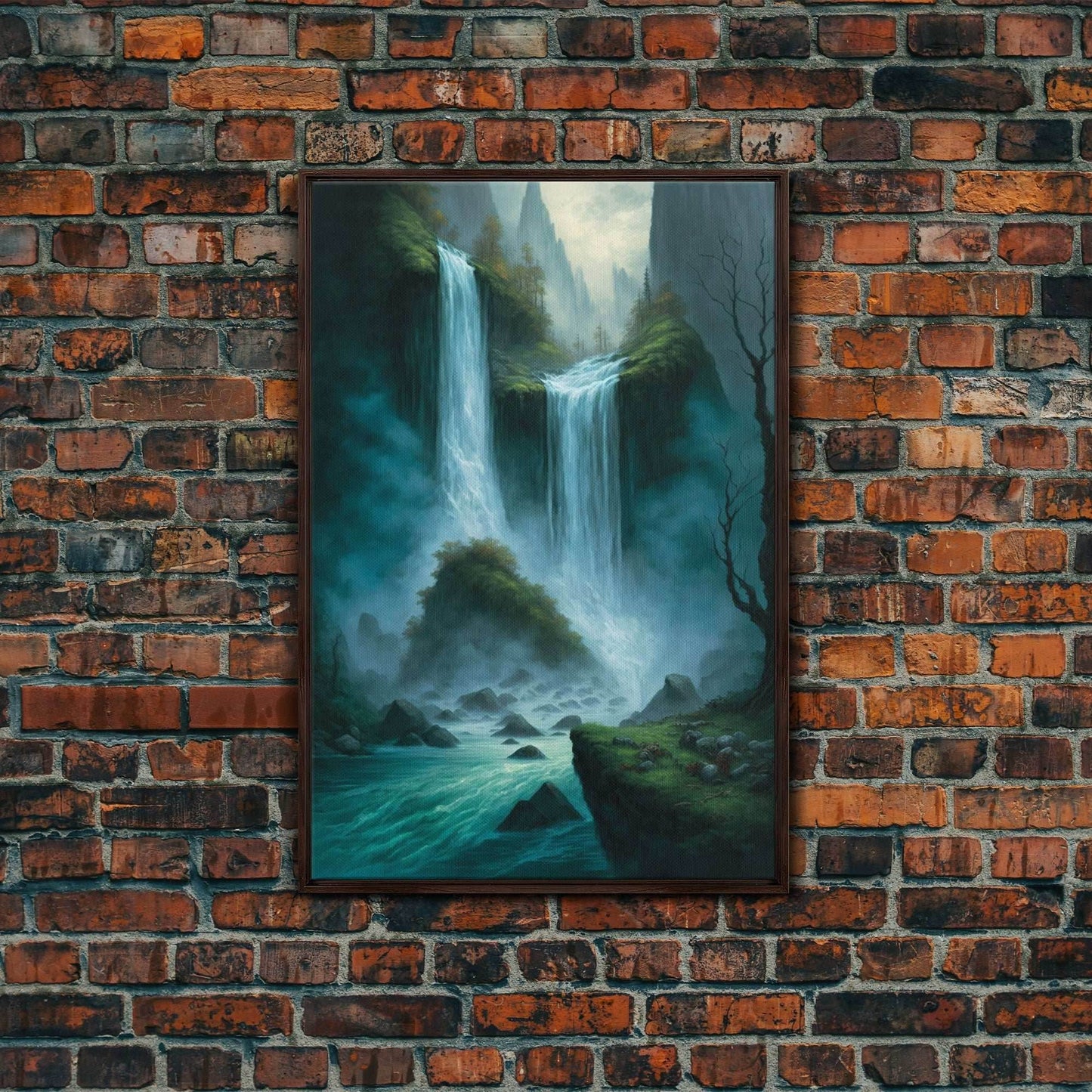 Fantasy Waterfall Oil Painting Canvas Print, Framed Canvas Art, Living Room Wall Decoration - 8x12 Inches / Walnut Frame