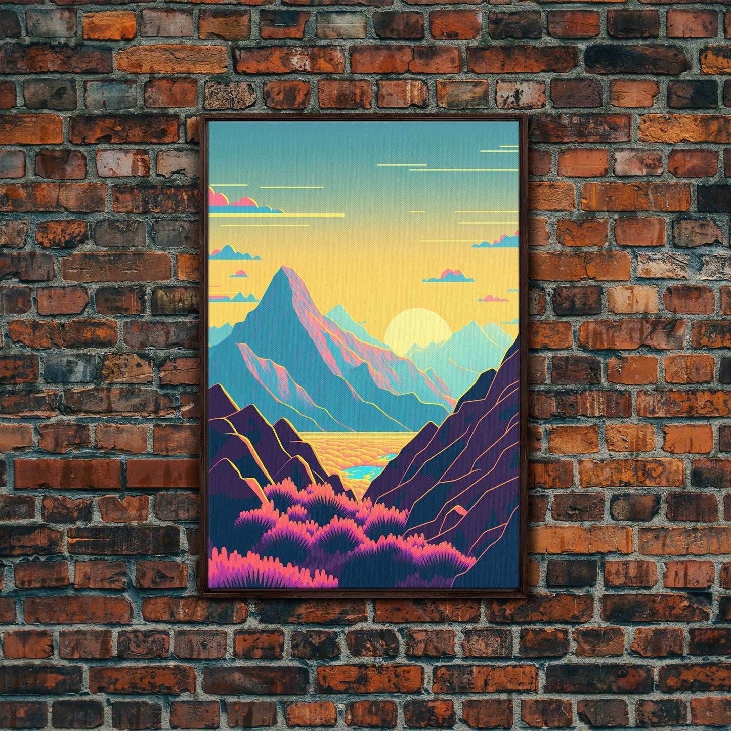 Peach Sunset, Fantasy Mountain Landscape Art, Framed Canvas Print, Minimalist Art Deco Inspired Wall Art - 8x12 Inches / Walnut Frame