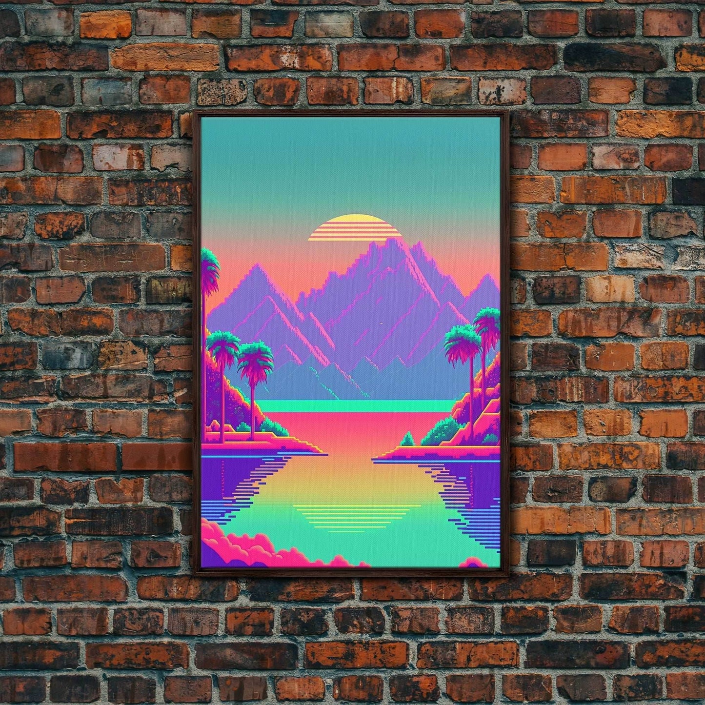 Retro Vaporwave Aesthetic Pixel Art Sunset, Turquoise and Pink Fantasy Landscape Art, Gamer Decor, Game Room Art - 8x12 Inches / Walnut Frame